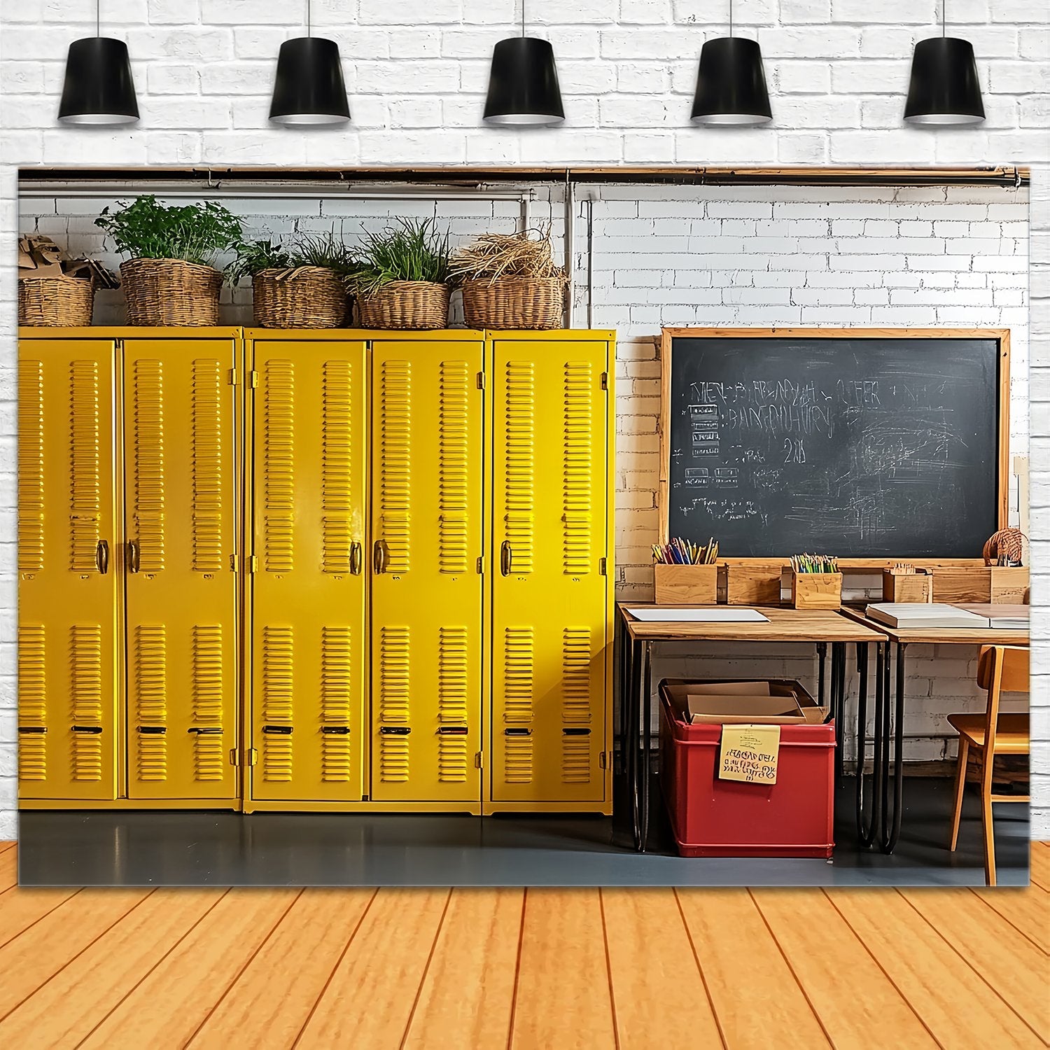 School Classroom Backdrop Yellow Lockers Chalkboard Workspace Back To School Backdrop UK LXX58-147