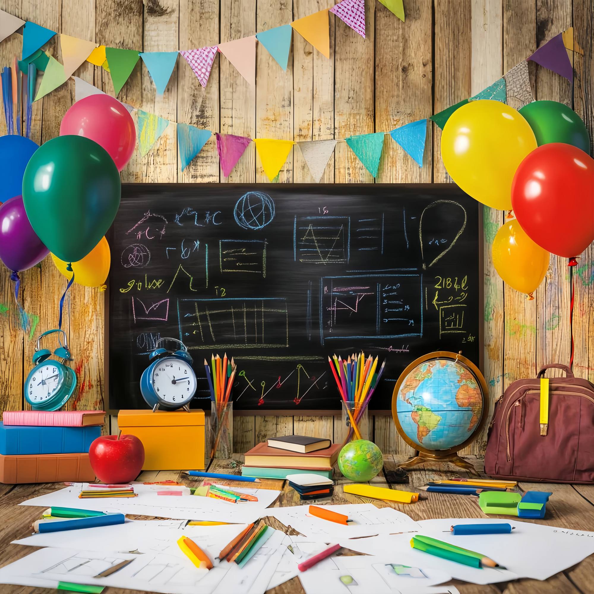 Back To School Chalkboard Backdrop Colorful Balloons Blackboard Supplies Back To School Backdrops UK LXX58-149