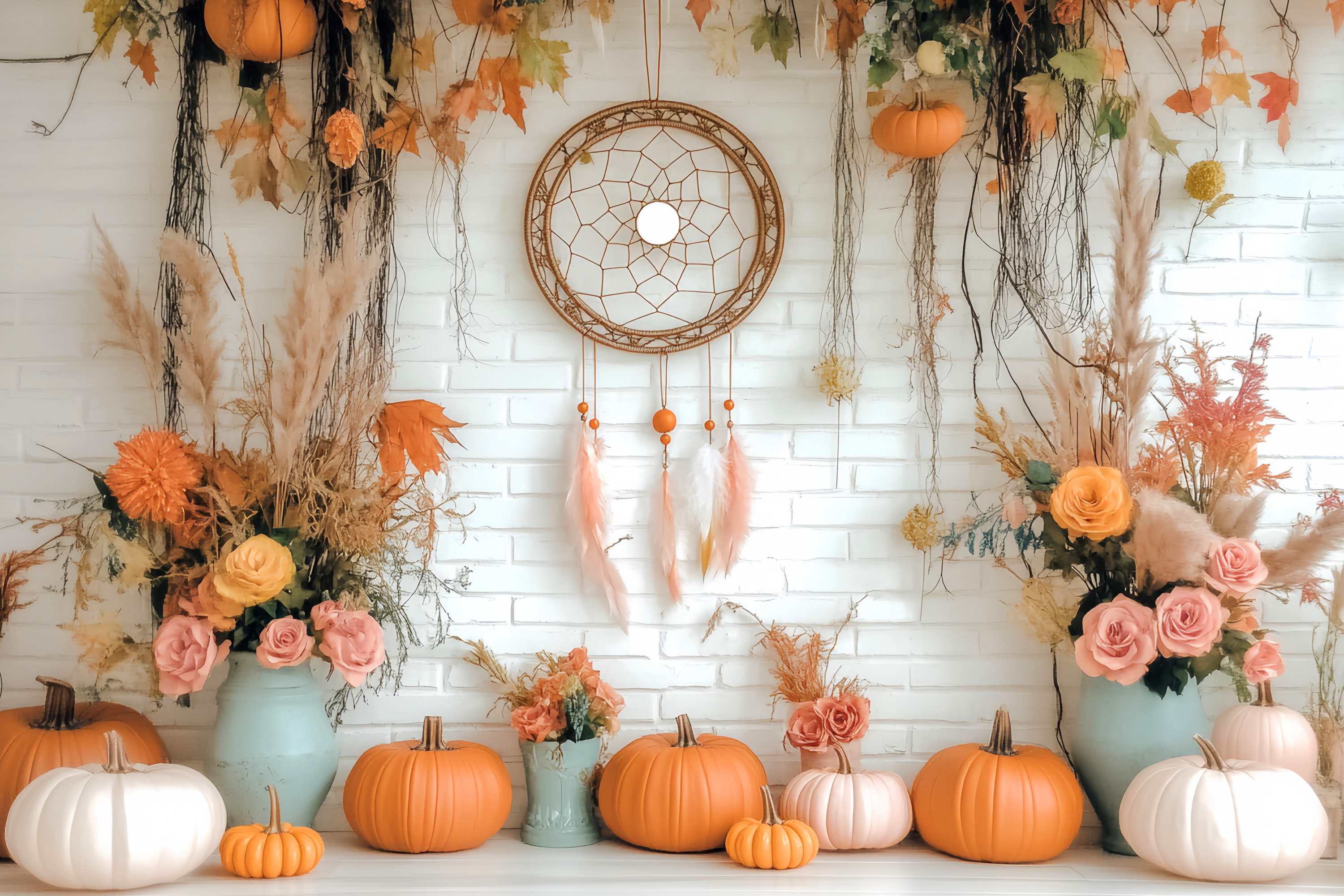 Autumn Fall Backdrop Rustic Pumpkin Dreamcatcher Display Boho Backdrop UK LXX58-155