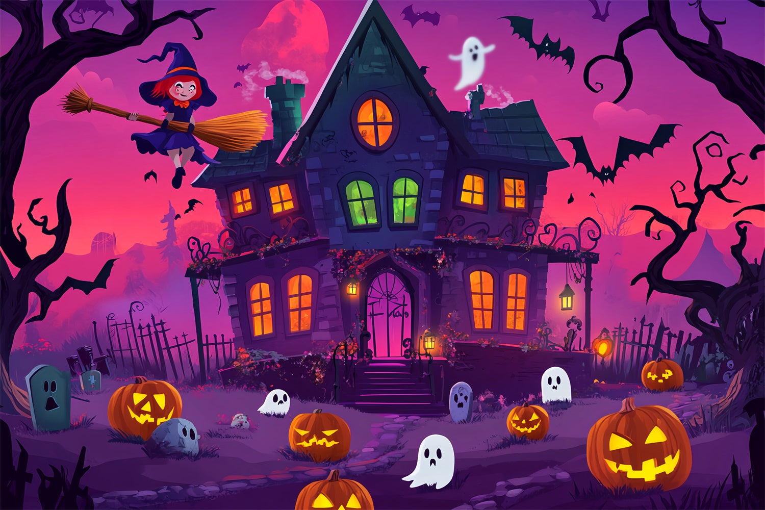 Haunted House Backdrop Cartoon Enchanted Night Backdrop UK LXX58-15