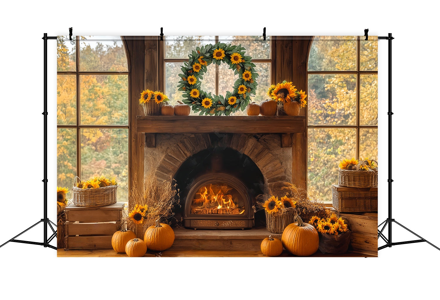 Fall Backdrop for Pictures Sunflower Pumpkin Hearth Glow Fireplace Backdrop UK LXX58-160