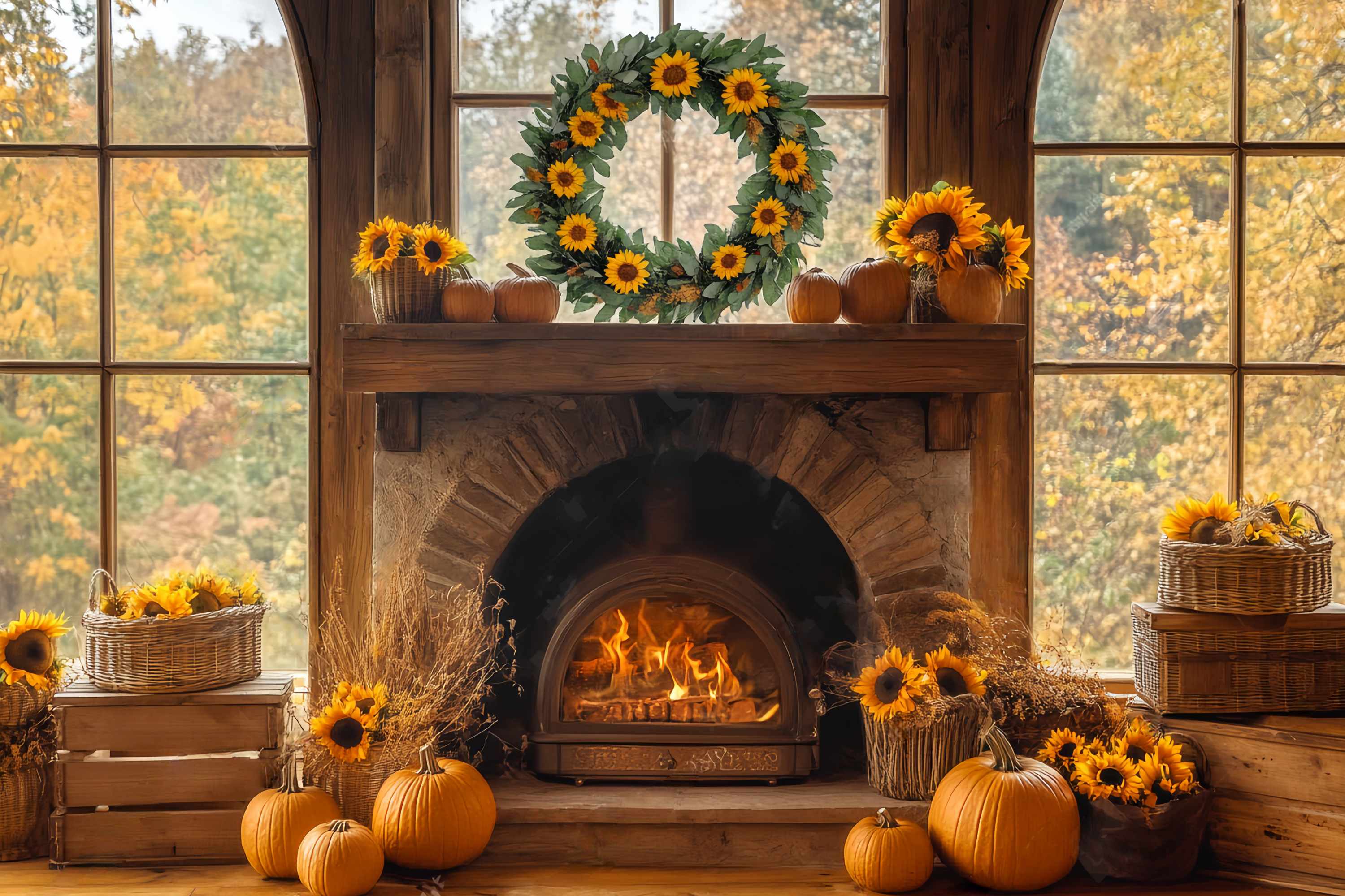 Fall Backdrop for Pictures Sunflower Pumpkin Hearth Glow Fireplace Backdrop UK LXX58-160