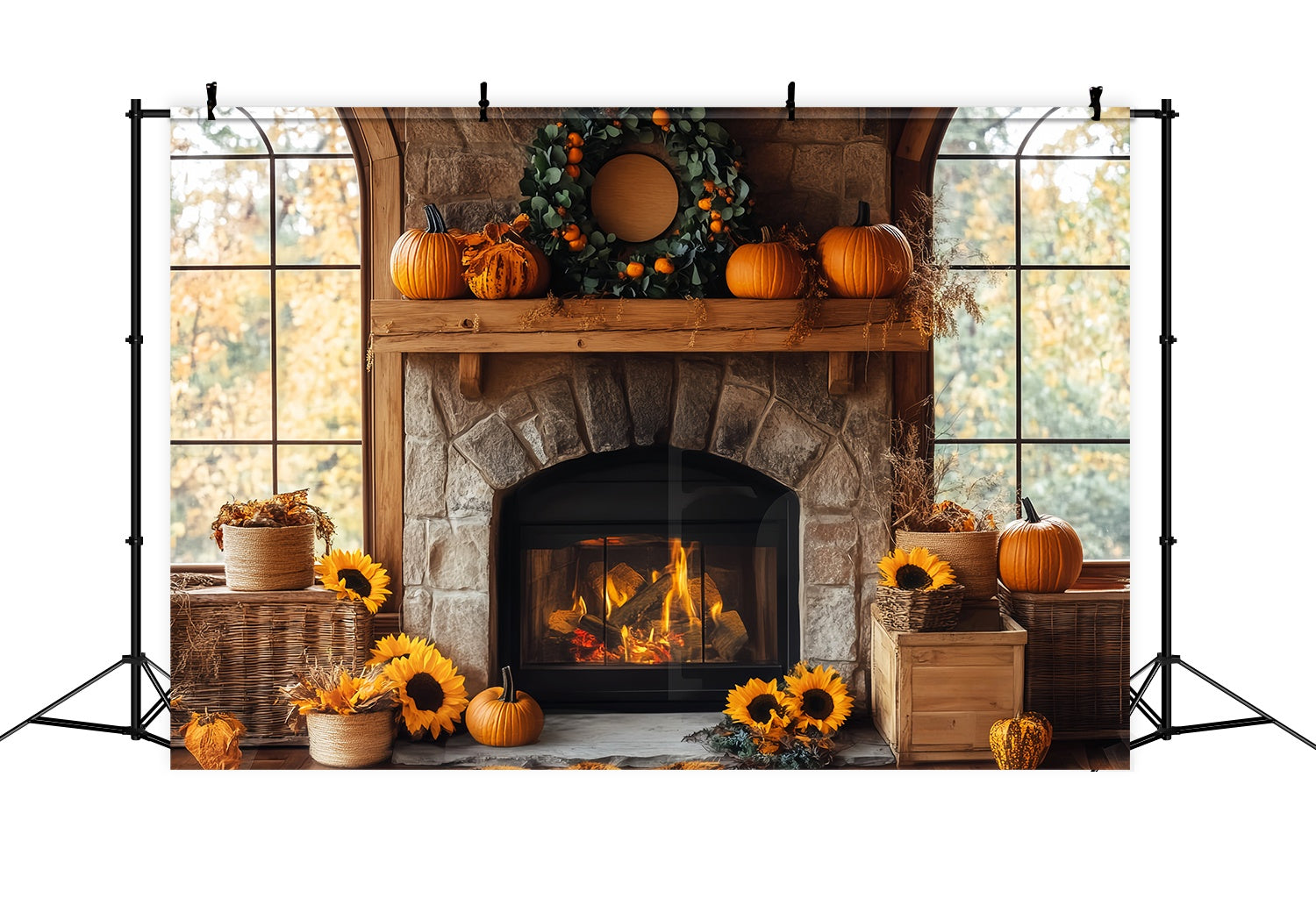 Fall Backdrop for Photos Rustic Fireplace Sunflower Charm Fireplace Backdrop UK LXX58-161