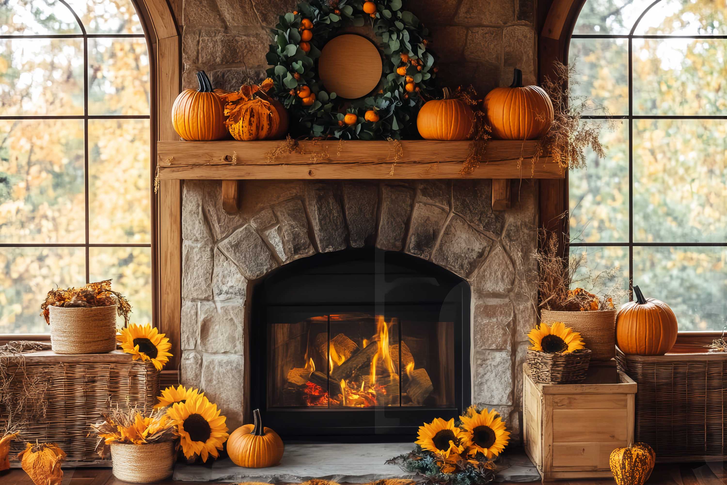 Fall Backdrop for Photos Rustic Fireplace Sunflower Charm Fireplace Backdrop UK LXX58-161