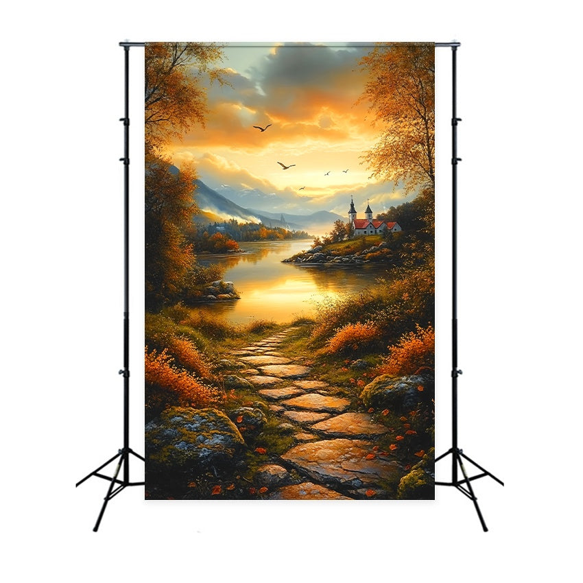 Fall Backdrop Autumn Pathway Lakeside Village Sunset Backdrop UK LXX58-165