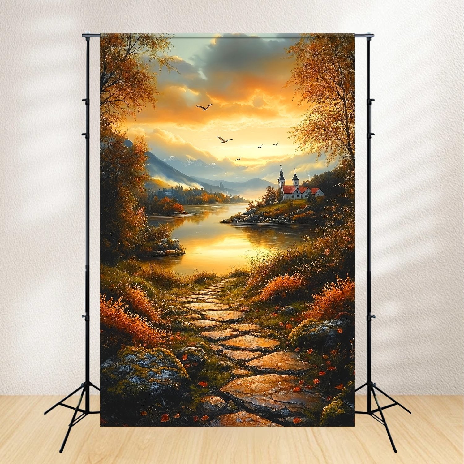 Fall Backdrop Autumn Pathway Lakeside Village Sunset Backdrop UK LXX58-165