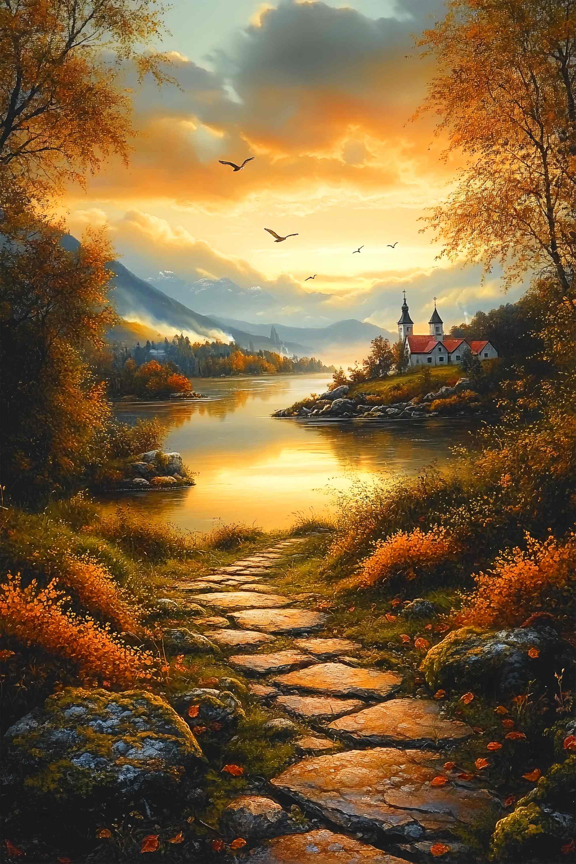 Fall Backdrop Autumn Pathway Lakeside Village Sunset Backdrop UK LXX58-165