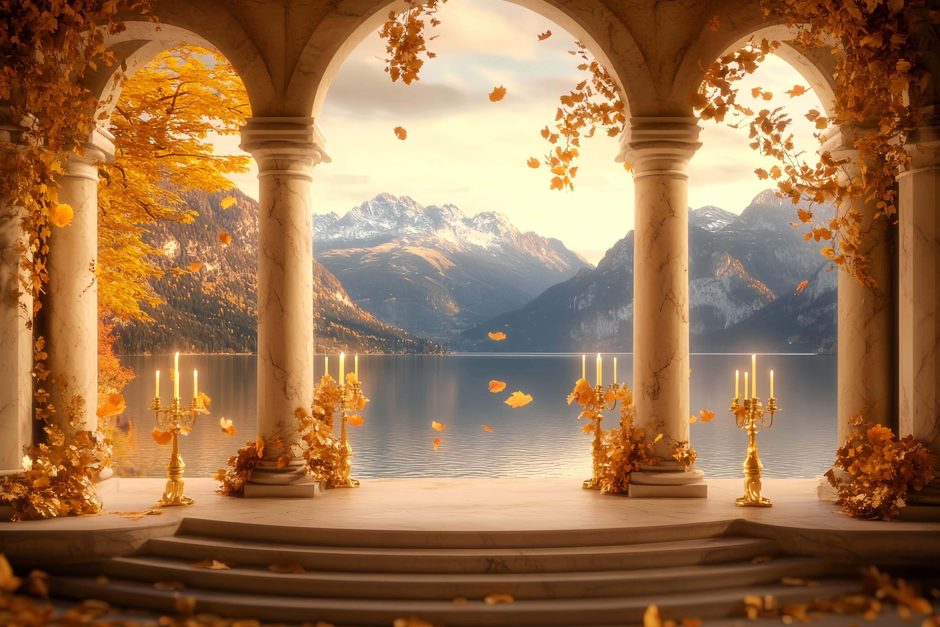 Fall Backdrop for Pictures Golden Arch Lake Mountains Vintage Backdrop UK LXX58-168