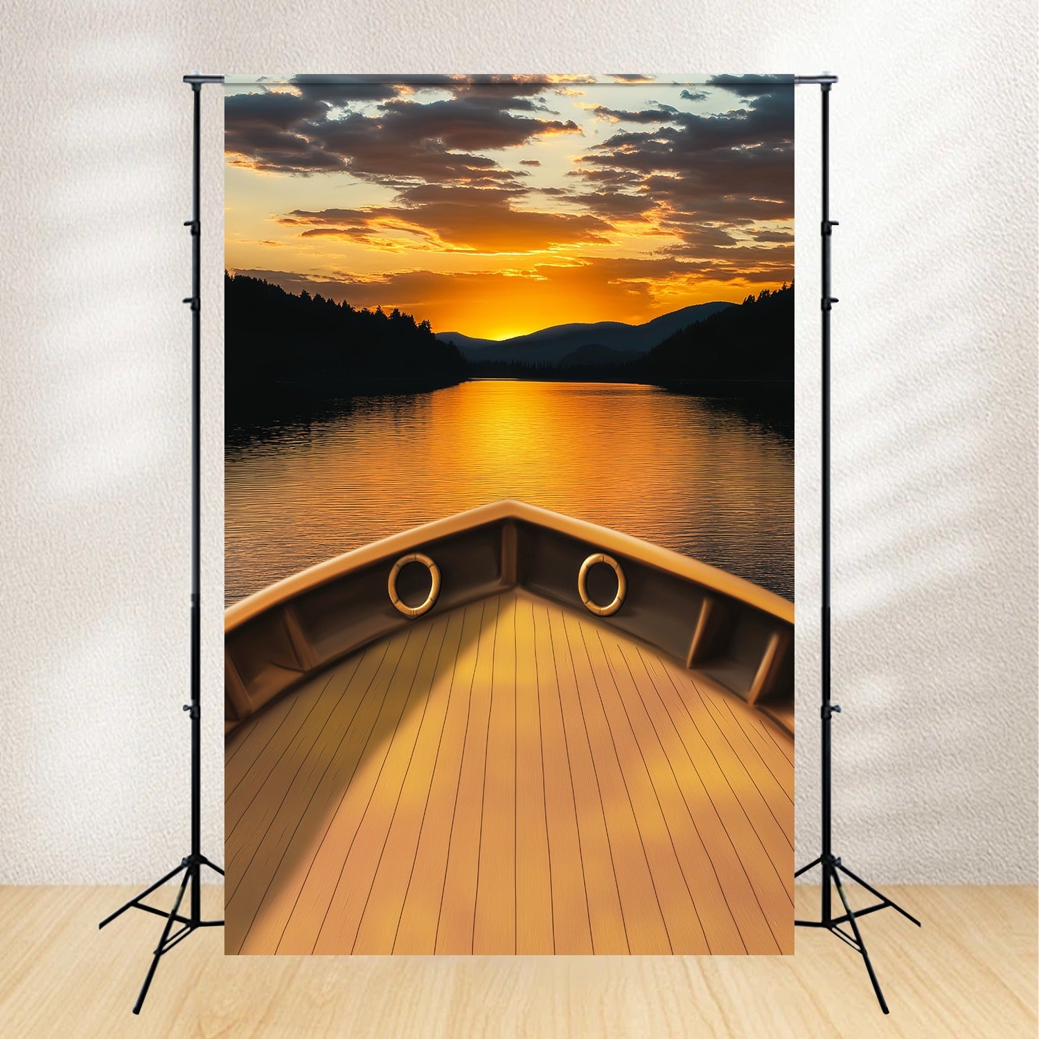 Fall Backdrops Golden Lake Horizon Boat Deck Sunset Backdrop UK LXX58-182