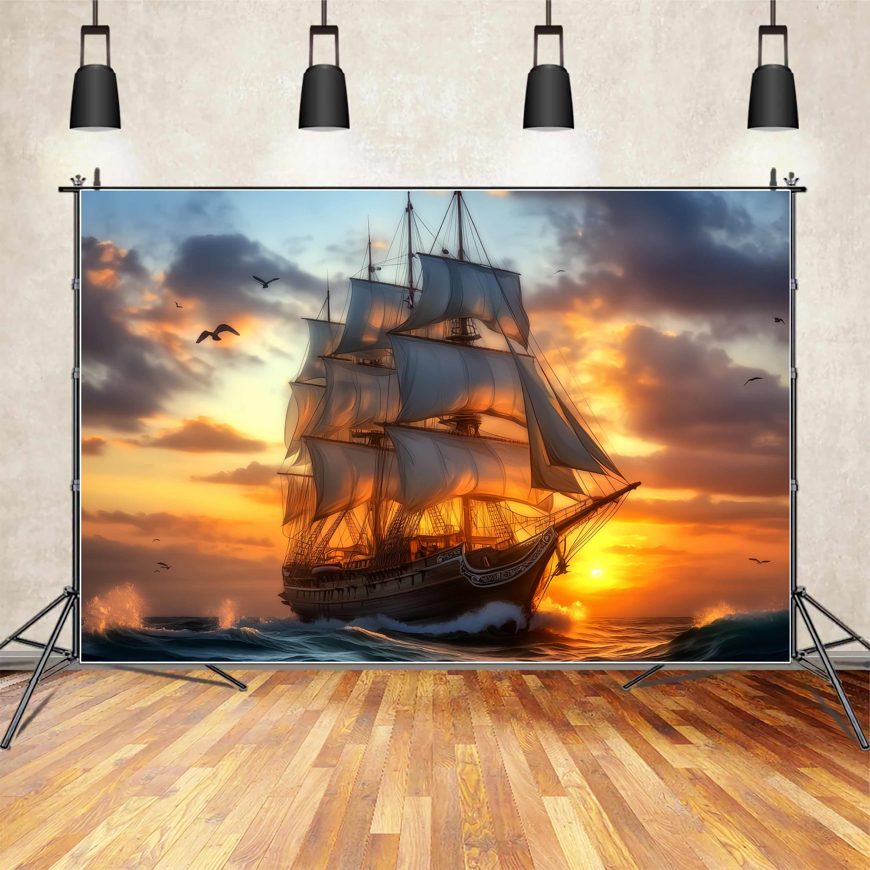 Fall Backdrop for Pictures Majestic Tall Ship Sunset Voyage Sunset Backdrop UK LXX58-184