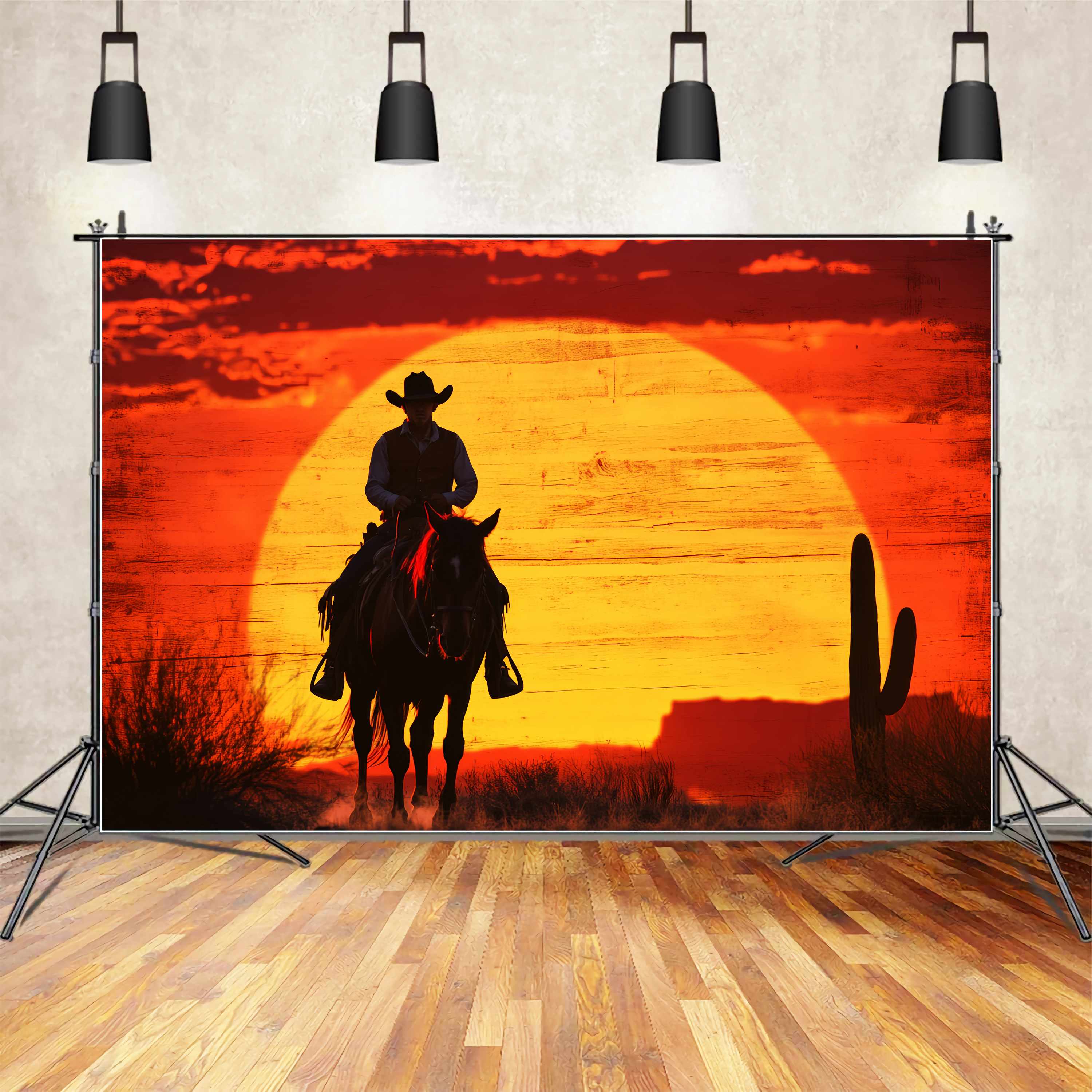Fall Backdrop Cowboy Silhouette Fiery Sunset Cowboy Backdrop UK LXX58-186