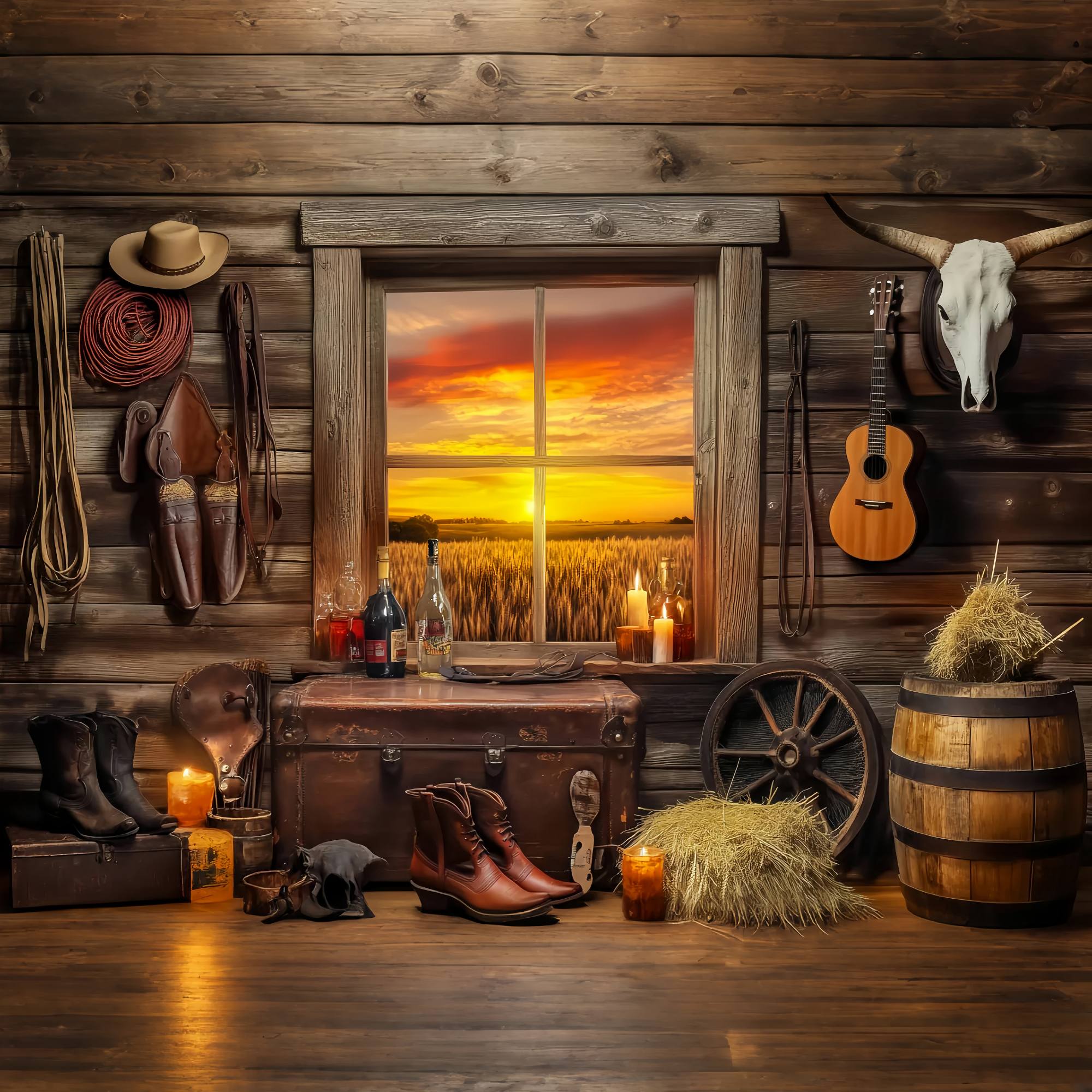 Fall Photo Backdrop Rustic Cabin Sunset Window Cowboy Backdrop UK LXX58-191