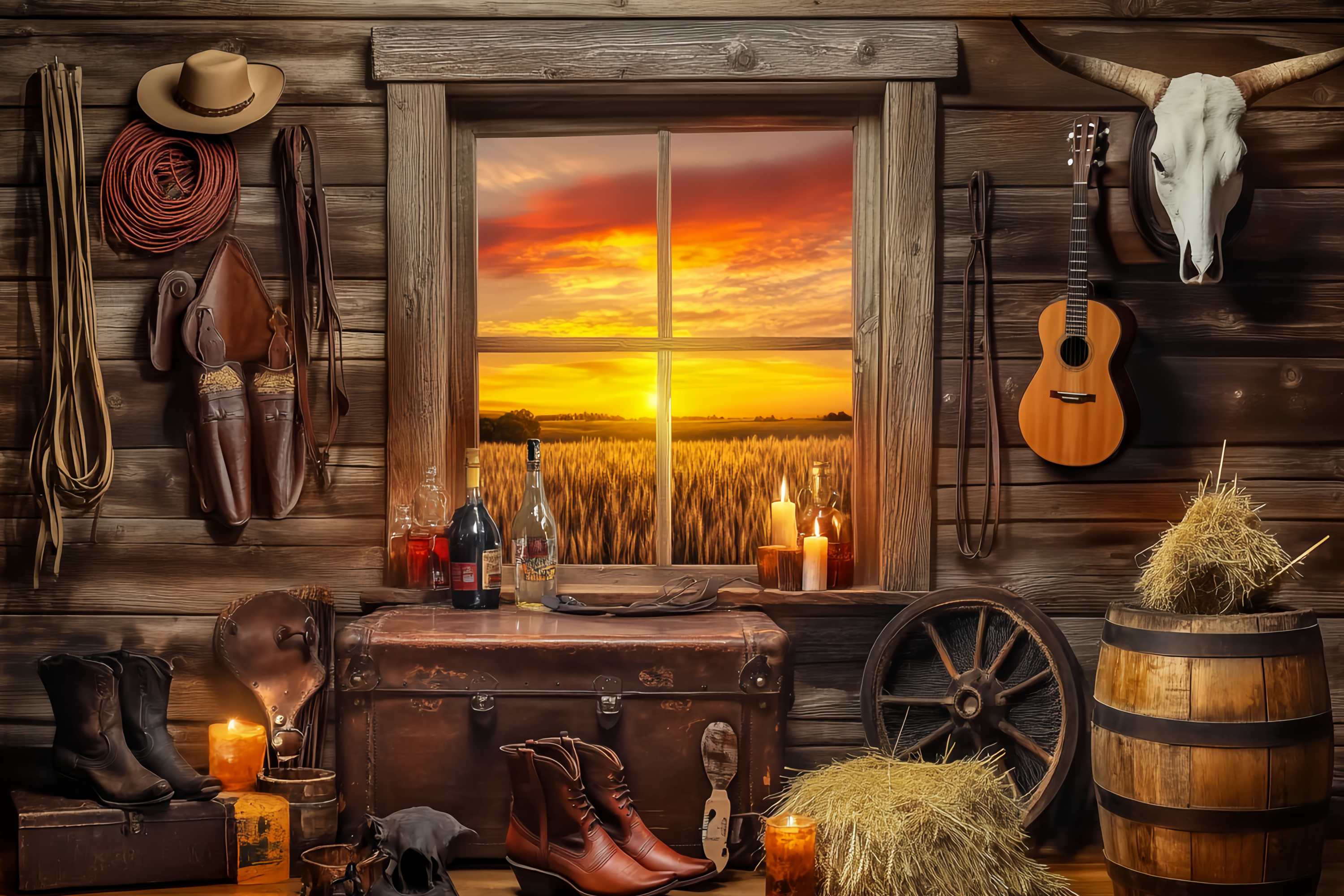 Fall Photo Backdrop Rustic Cabin Sunset Window Cowboy Backdrop UK LXX58-191