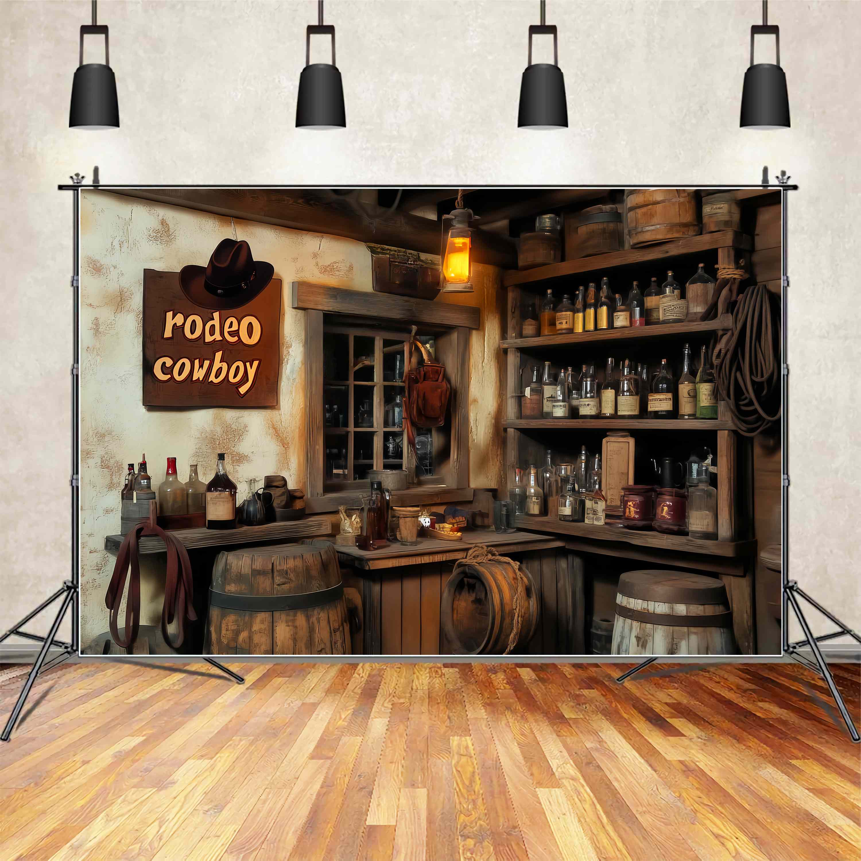 Fall Photo Backdrop Vintage Saloon Bottles Lantern Cowboy Backdrop UK LXX58-193