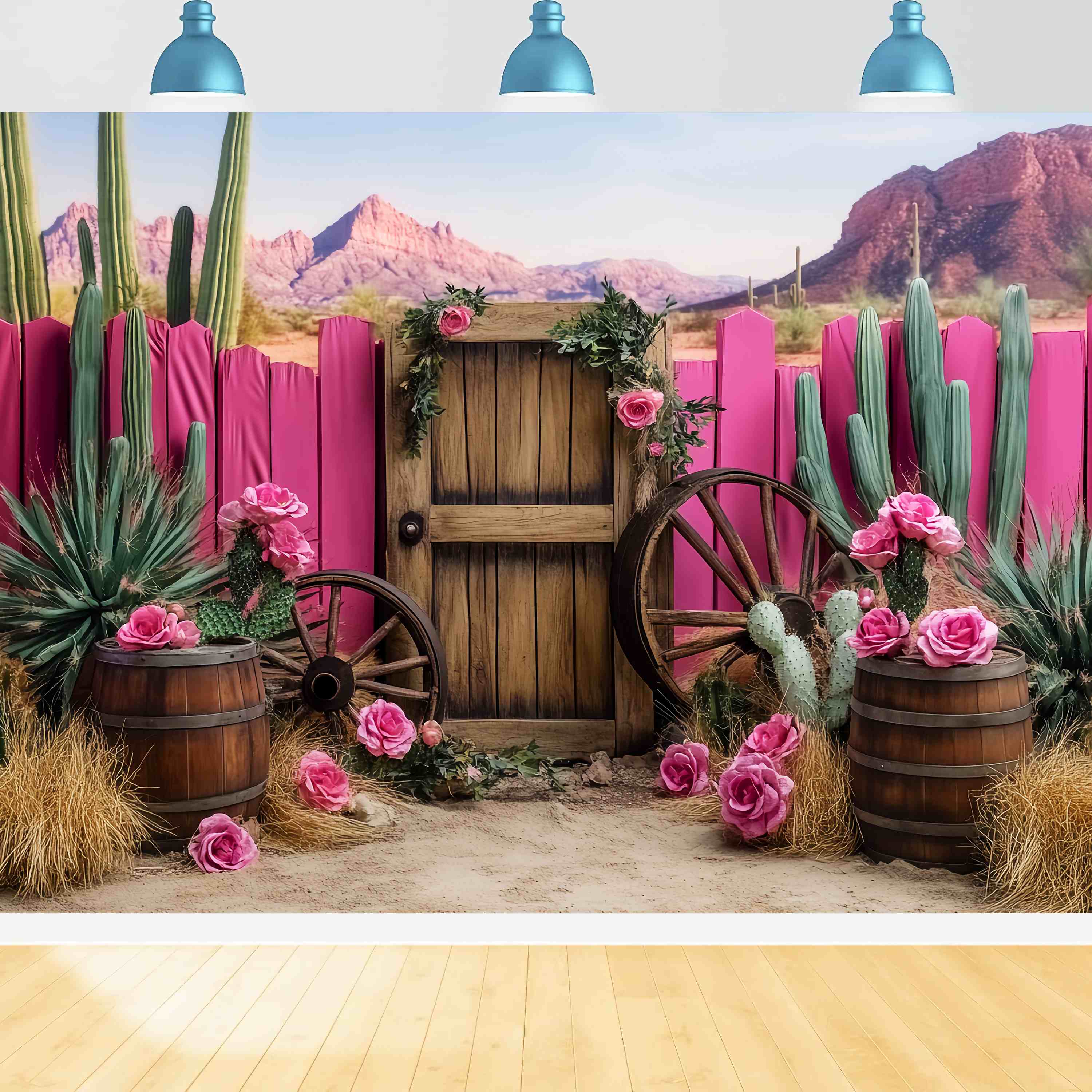 Fall Backdrop Pink Cactus Wagon Wheel Decor Western Backdrop UK LXX58-198