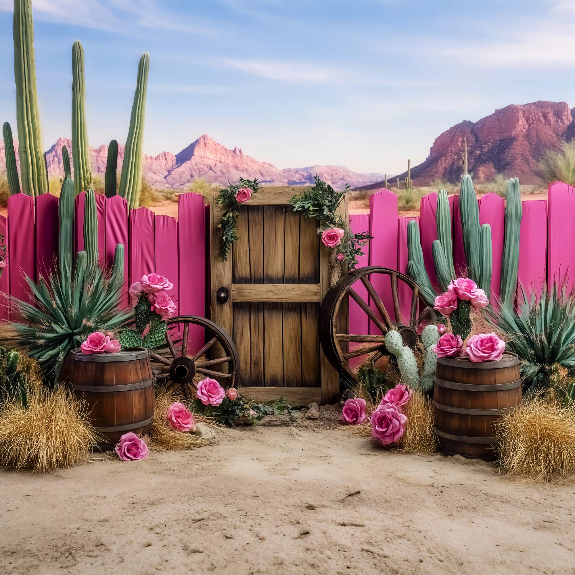 Fall Backdrop Pink Cactus Wagon Wheel Decor Western Backdrop UK LXX58-198