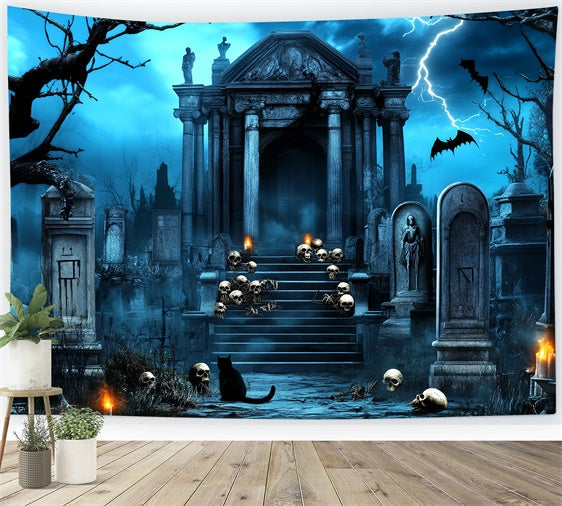 Halloween Graveyard Backdrop Lightning Skull Crypt Backdrop UK LXX58-20