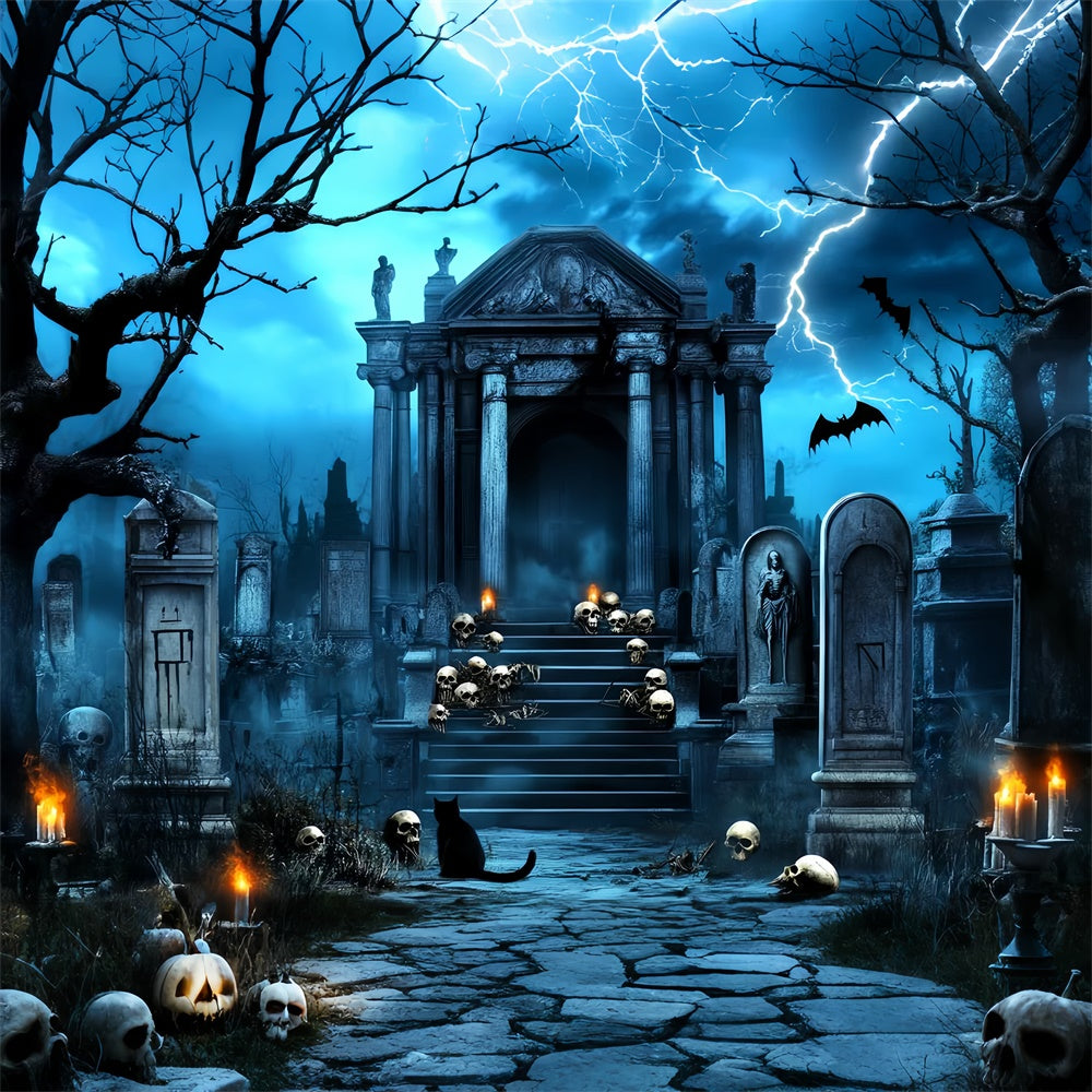 Halloween Graveyard Backdrop Lightning Skull Crypt Backdrop UK LXX58-20