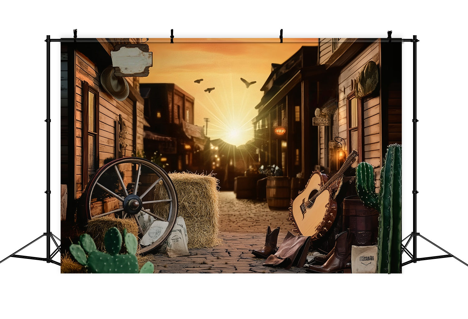 Fall Photo Backdrops Sunset Western Street Guitar Cowboy Backdrop UK LXX58-204