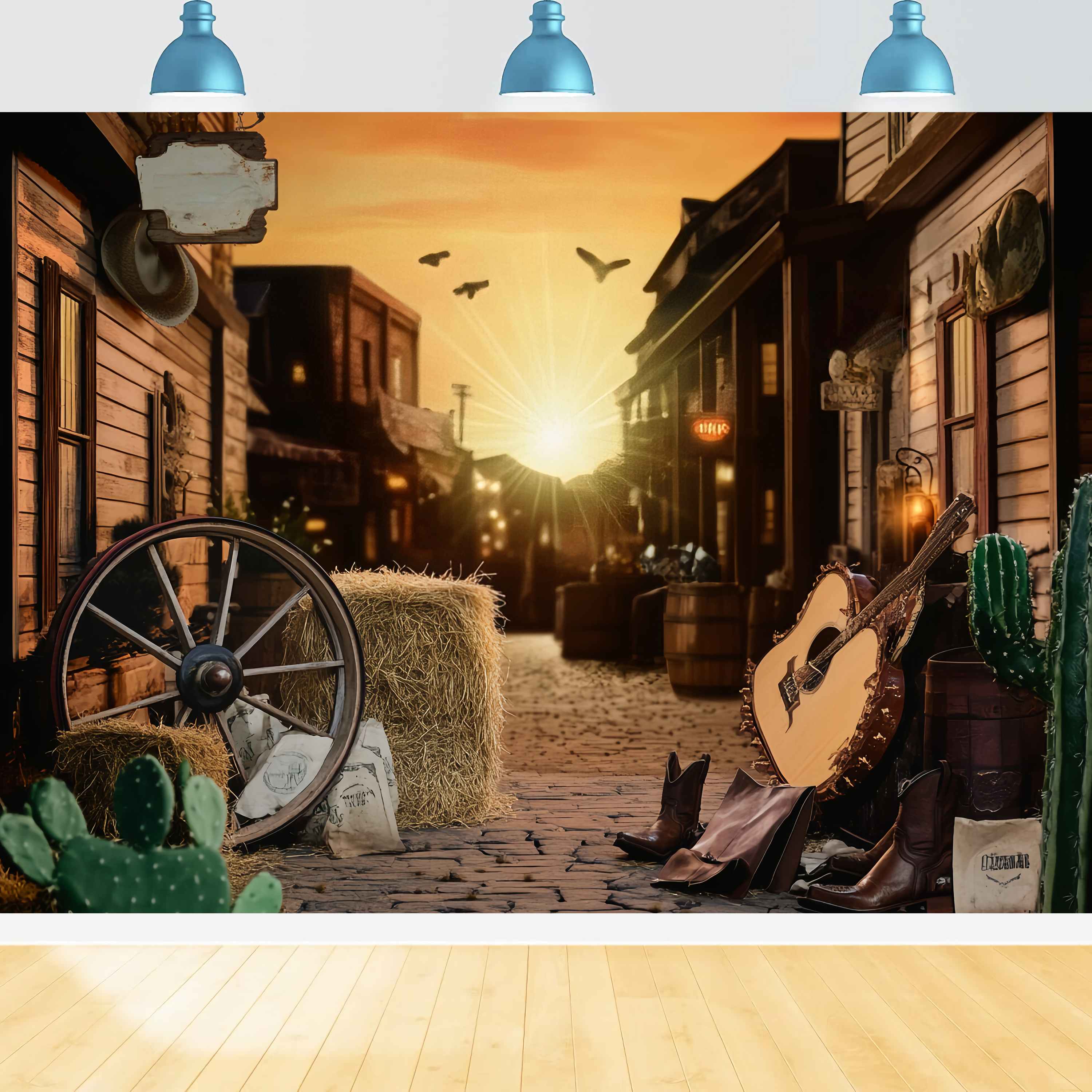 Fall Photo Backdrops Sunset Western Street Guitar Cowboy Backdrop UK LXX58-204