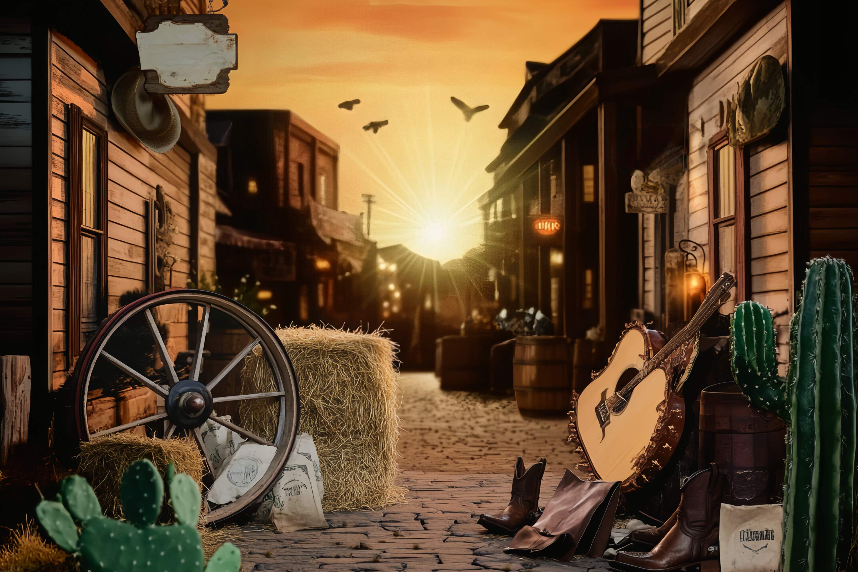 Fall Photo Backdrops Sunset Western Street Guitar Cowboy Backdrop UK LXX58-204