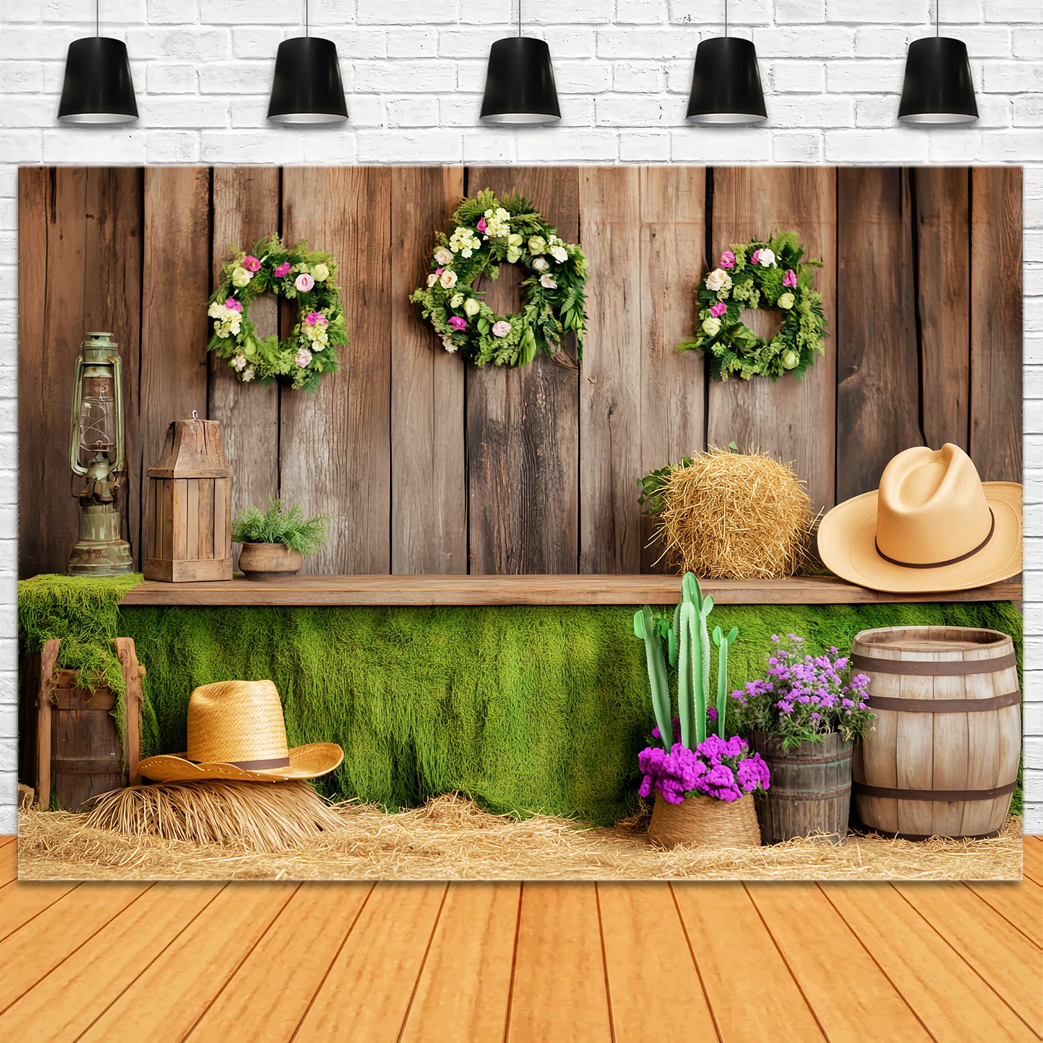 Fall Photography Backdrops Green Moss Wooden Barn Decor Western Backdrop UK LXX58-209