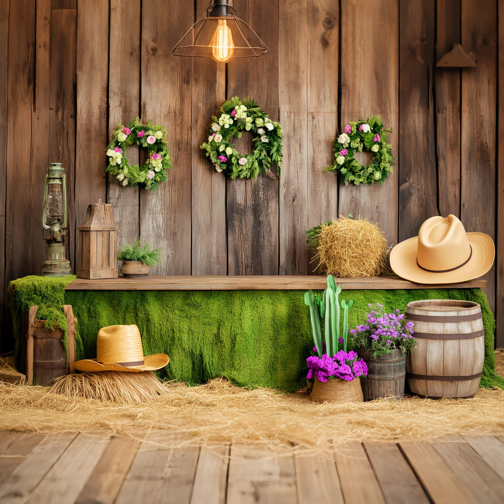 Fall Photography Backdrops Green Moss Wooden Barn Decor Western Backdrop UK LXX58-209