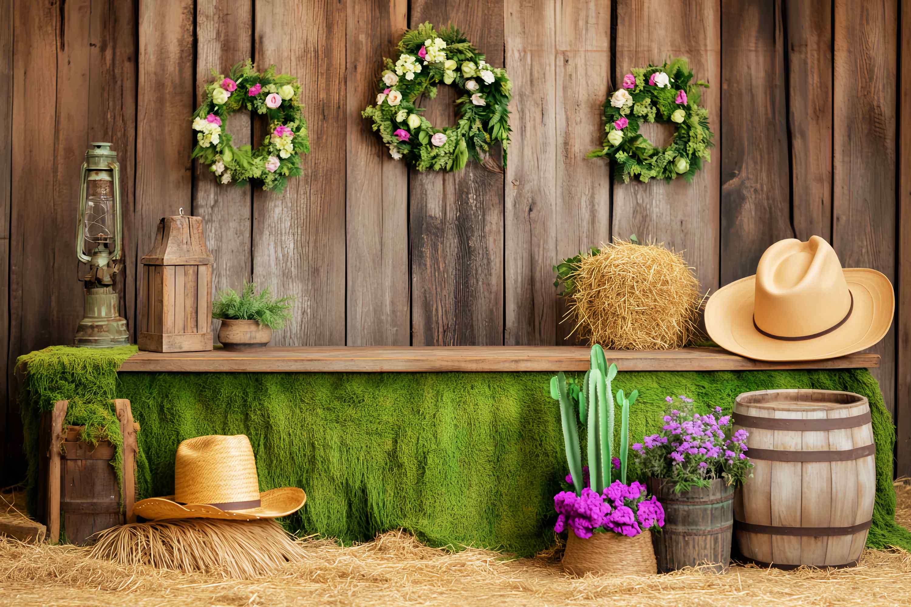 Fall Photography Backdrops Green Moss Wooden Barn Decor Western Backdrop UK LXX58-209