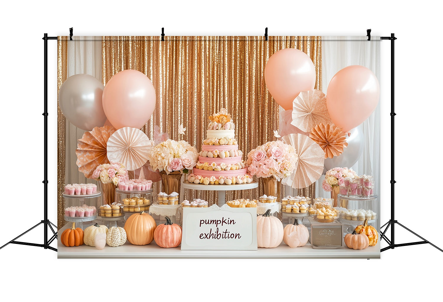 Autumn Backdrops Pink Dessert Table Pumpkin Accents Cake Smash Backdrop UK LXX58-212