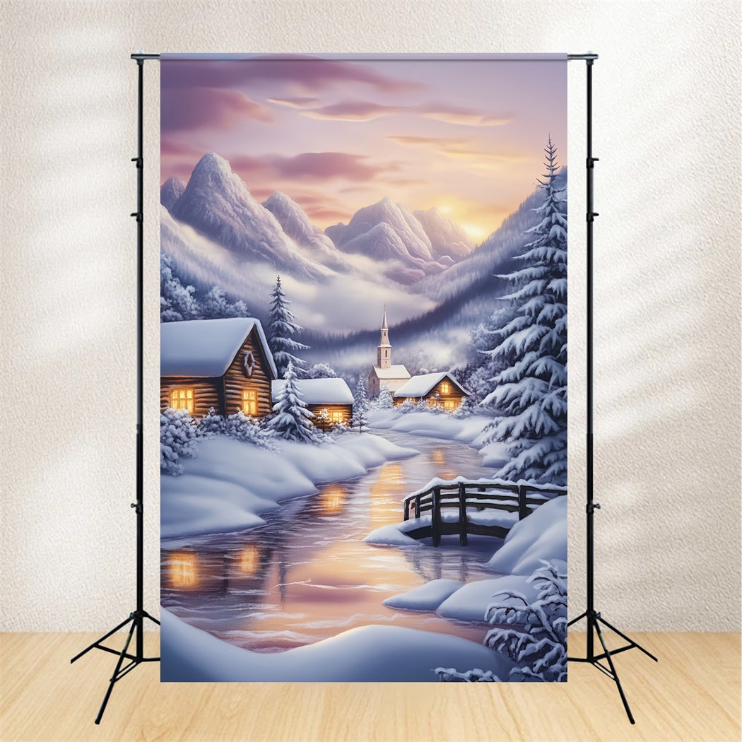 Winter Wonderland Backdrop Snowy Village Mountain Sunset Winter Backdrop UK LXX58-224