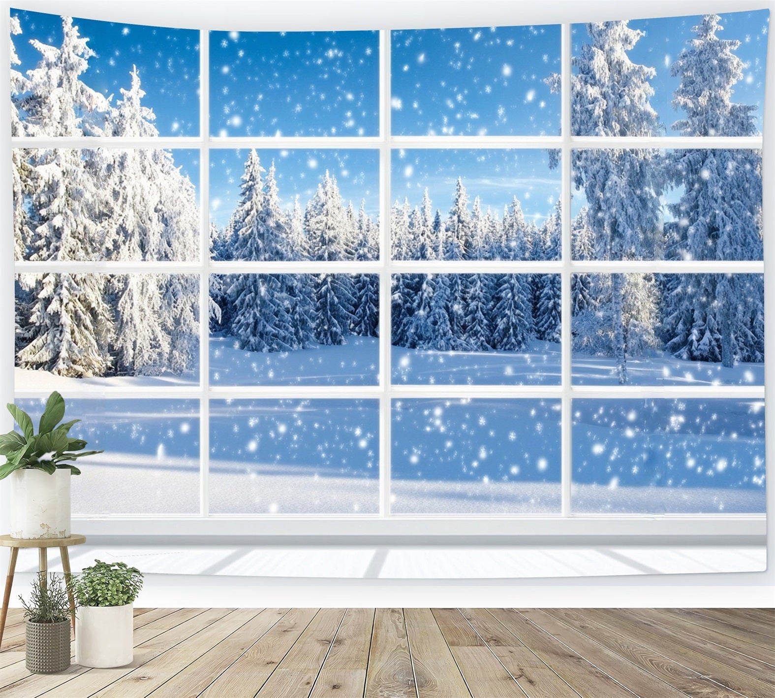 Winter Window Backdrop Falling Snow Pine Forest Winter Snow Backdrop UK LXX58-233
