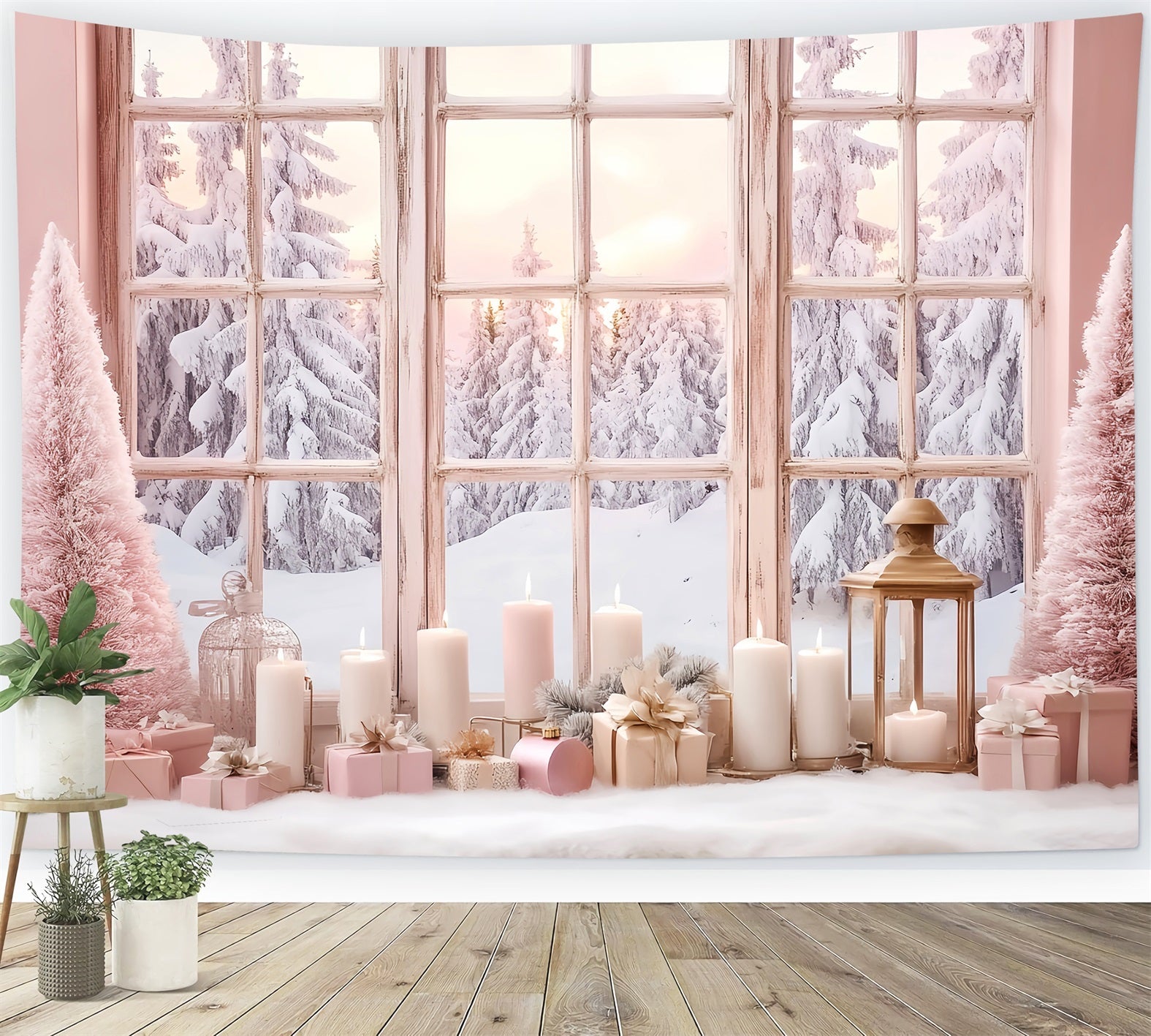 Winter Window Backdrop Pink Candlelight Frosted Window Winter Backdrop UK LXX58-234