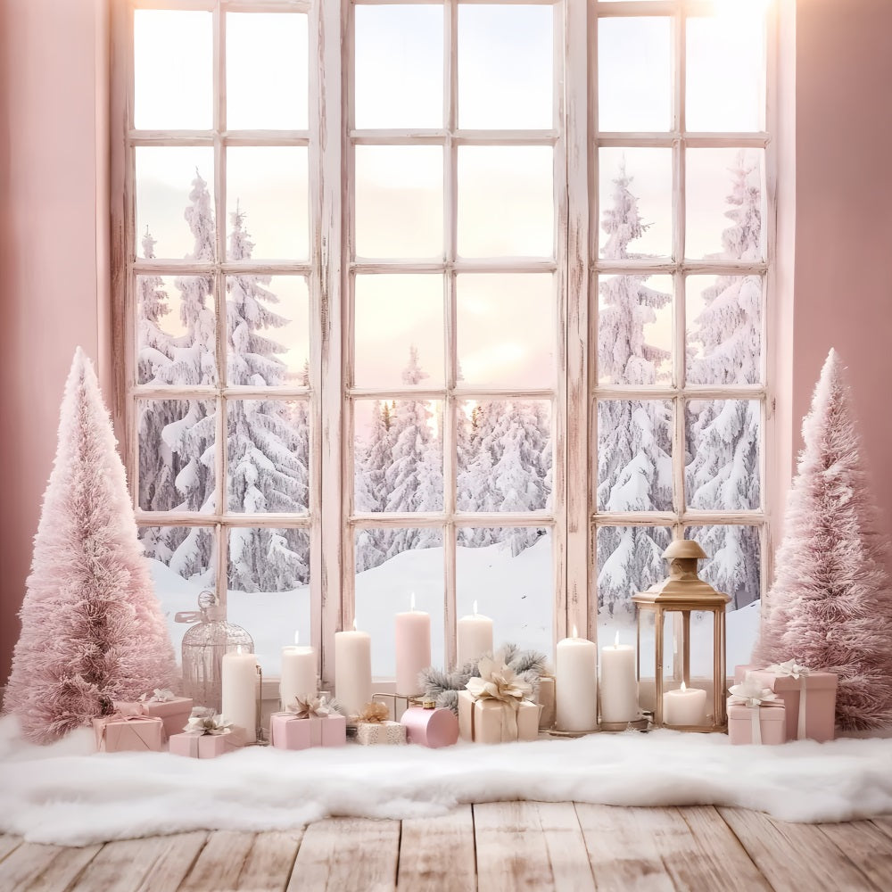 Winter Window Backdrop Pink Candlelight Frosted Window Winter Backdrop UK LXX58-234