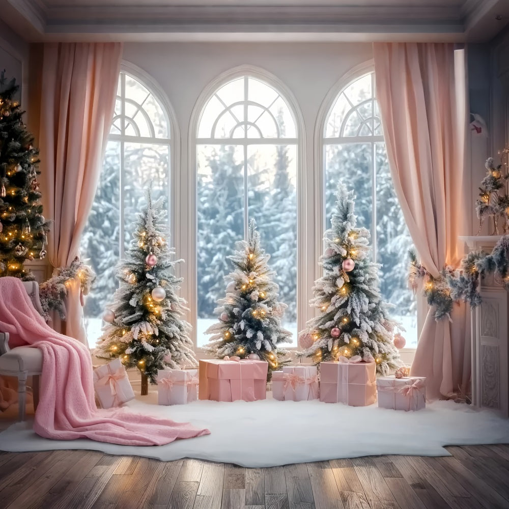 Winter Window Backdrop Pink Gift Frosted Christmas Trees Winter Backdrops UK LXX58-236