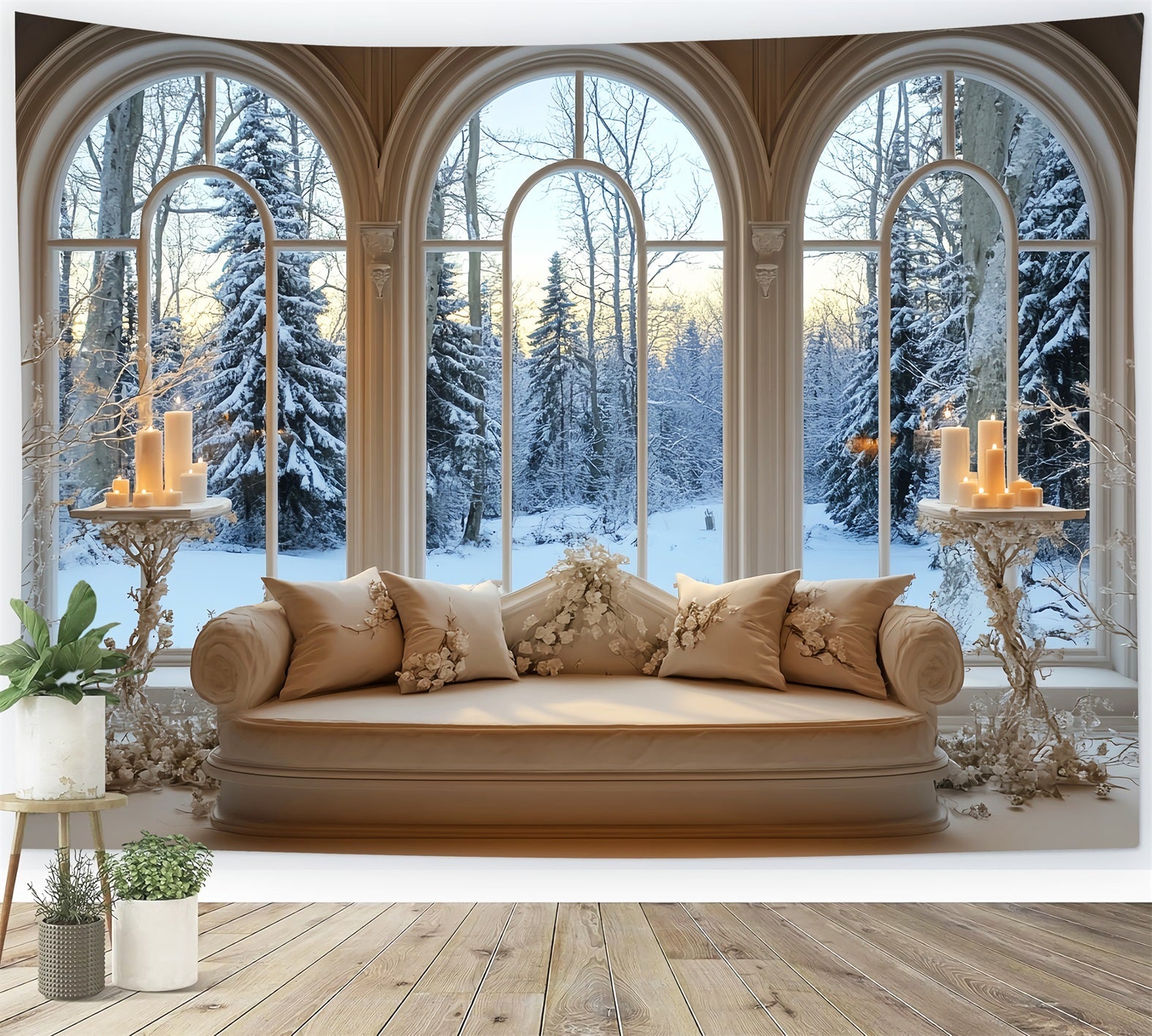 Winter Window Backdrop Golden Candlelight Snowy Window Winter Backdrops UK LXX58-237