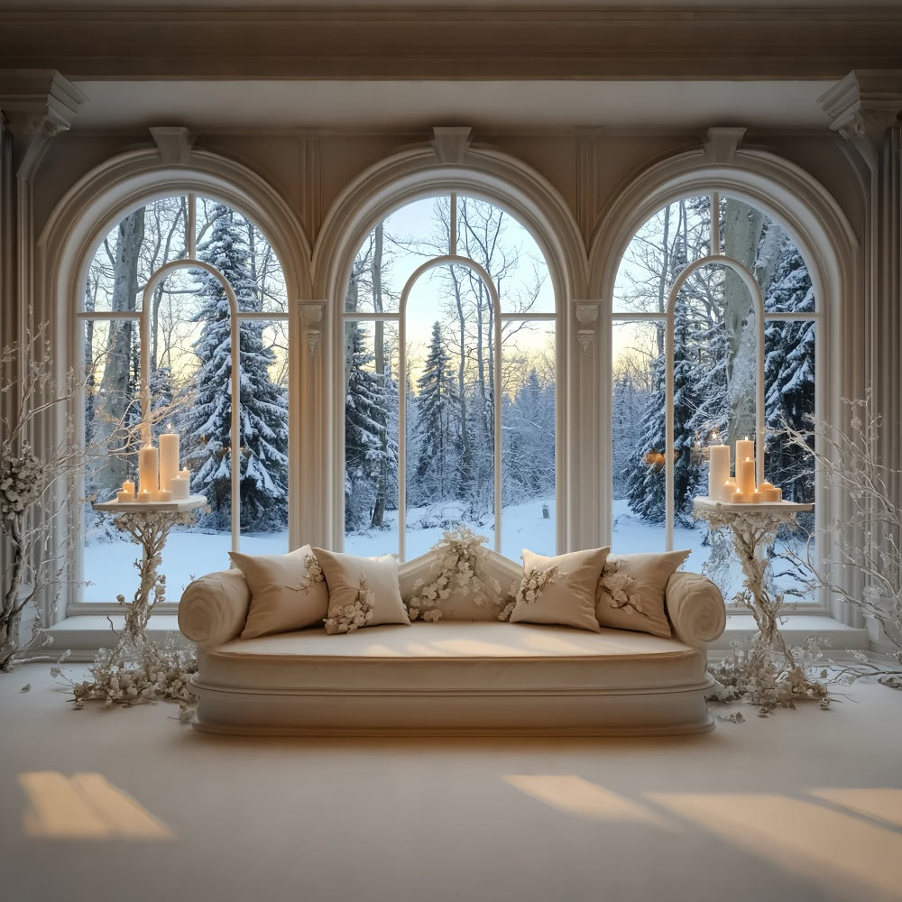 Winter Window Backdrop Golden Candlelight Snowy Window Winter Backdrops UK LXX58-237