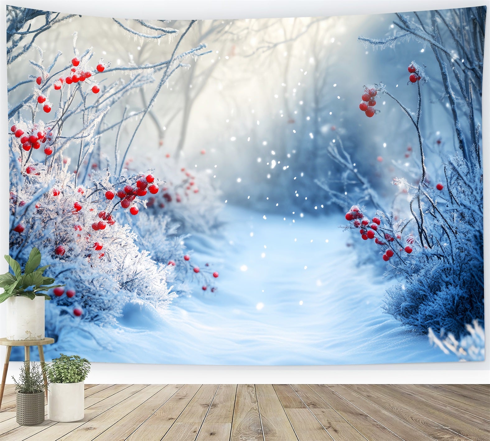 Forest Backdrop Frosted Path Red Winter Berries Winter Backdrop UK LXX58-238