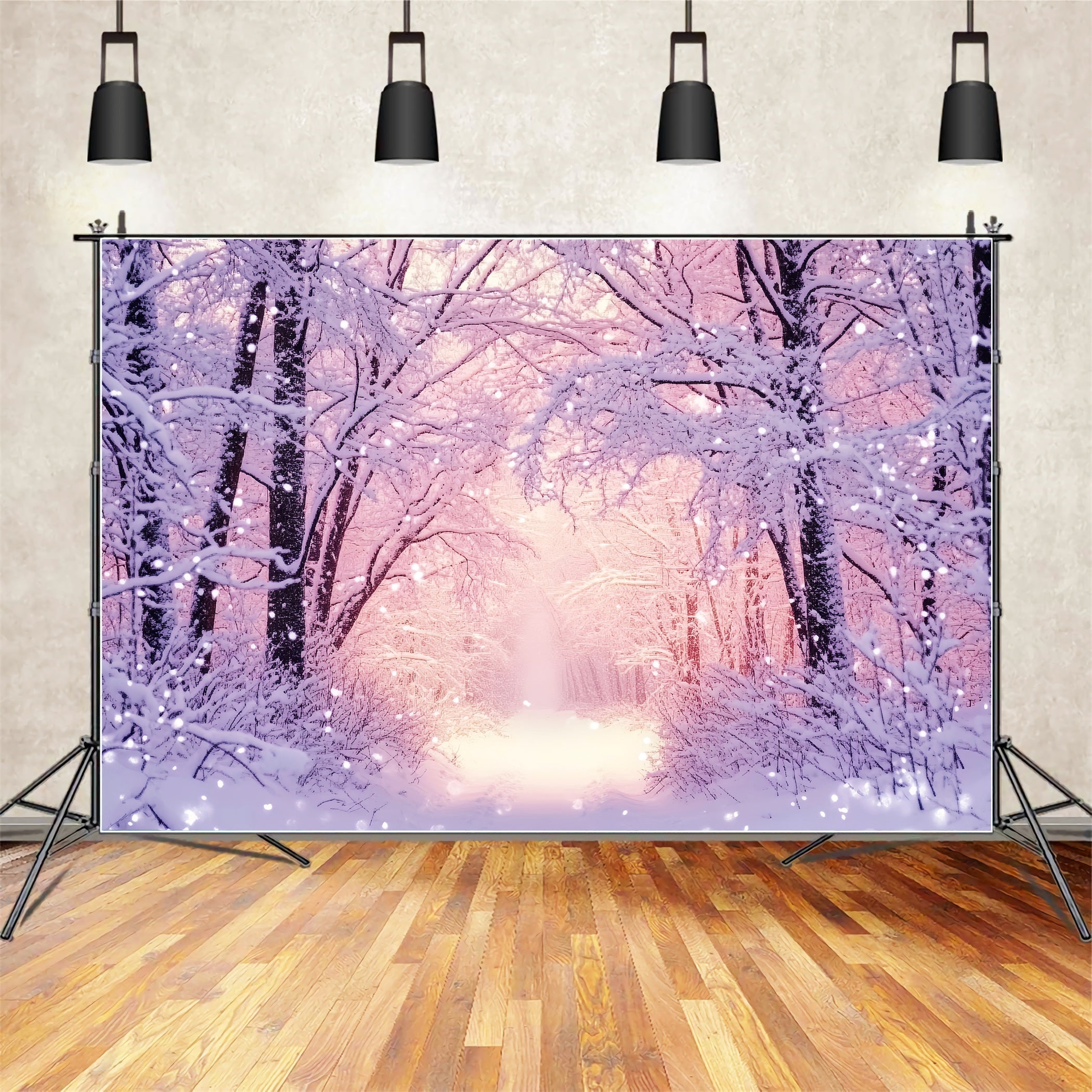 Forest Backdrop Pink Glow Snowy Forest Winter Snow Backdrop UK LXX58-240