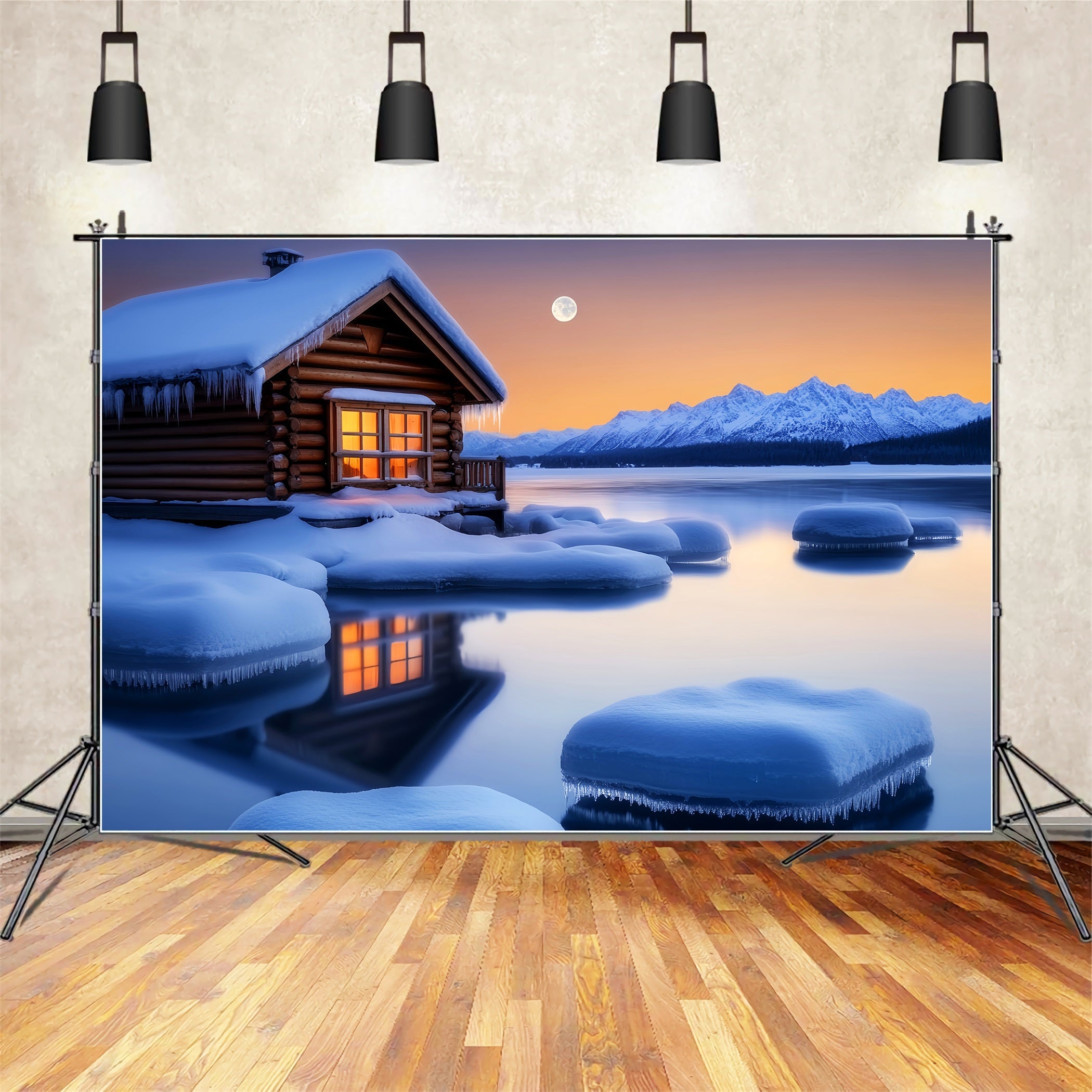 Village Backdrop Cozy Cabin Winter Moonlight Winter Scene Backdrop UK LXX58-243
