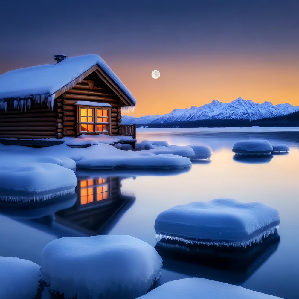 Village Backdrop Cozy Cabin Winter Moonlight Winter Scene Backdrop UK LXX58-243