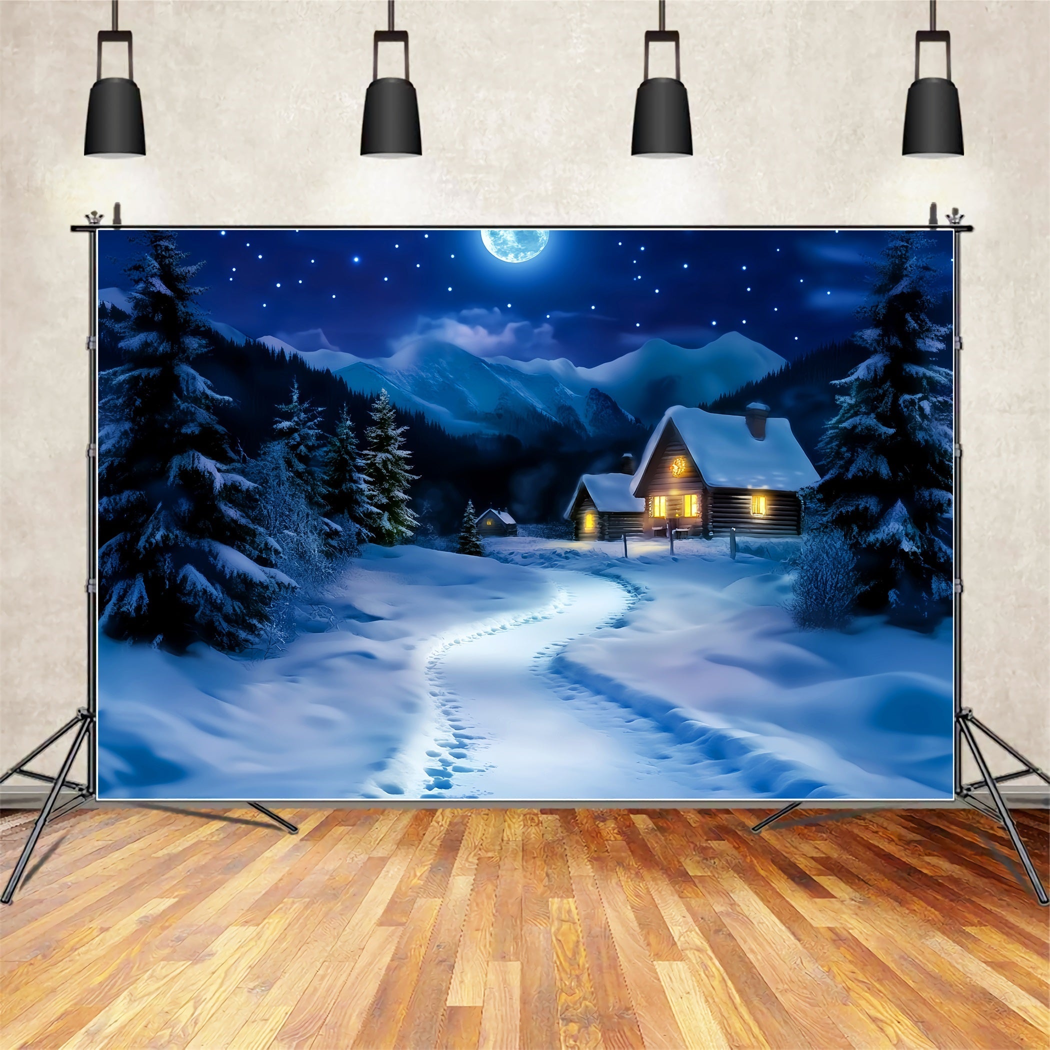 Village Backdrop Moonlit Snowy Cabin Path Winter Forest Backdrop UK LXX58-244