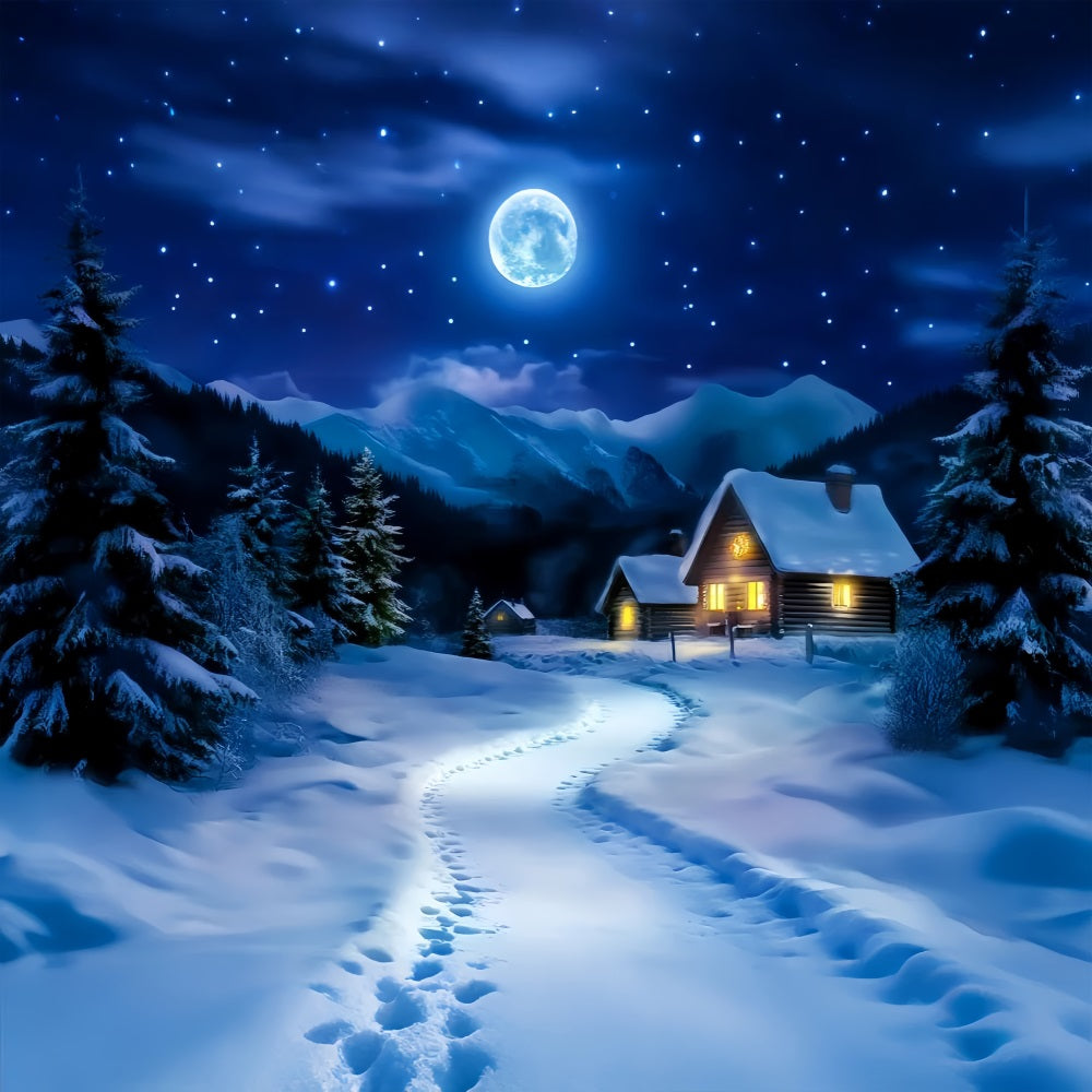Village Backdrop Moonlit Snowy Cabin Path Winter Forest Backdrop UK LXX58-244