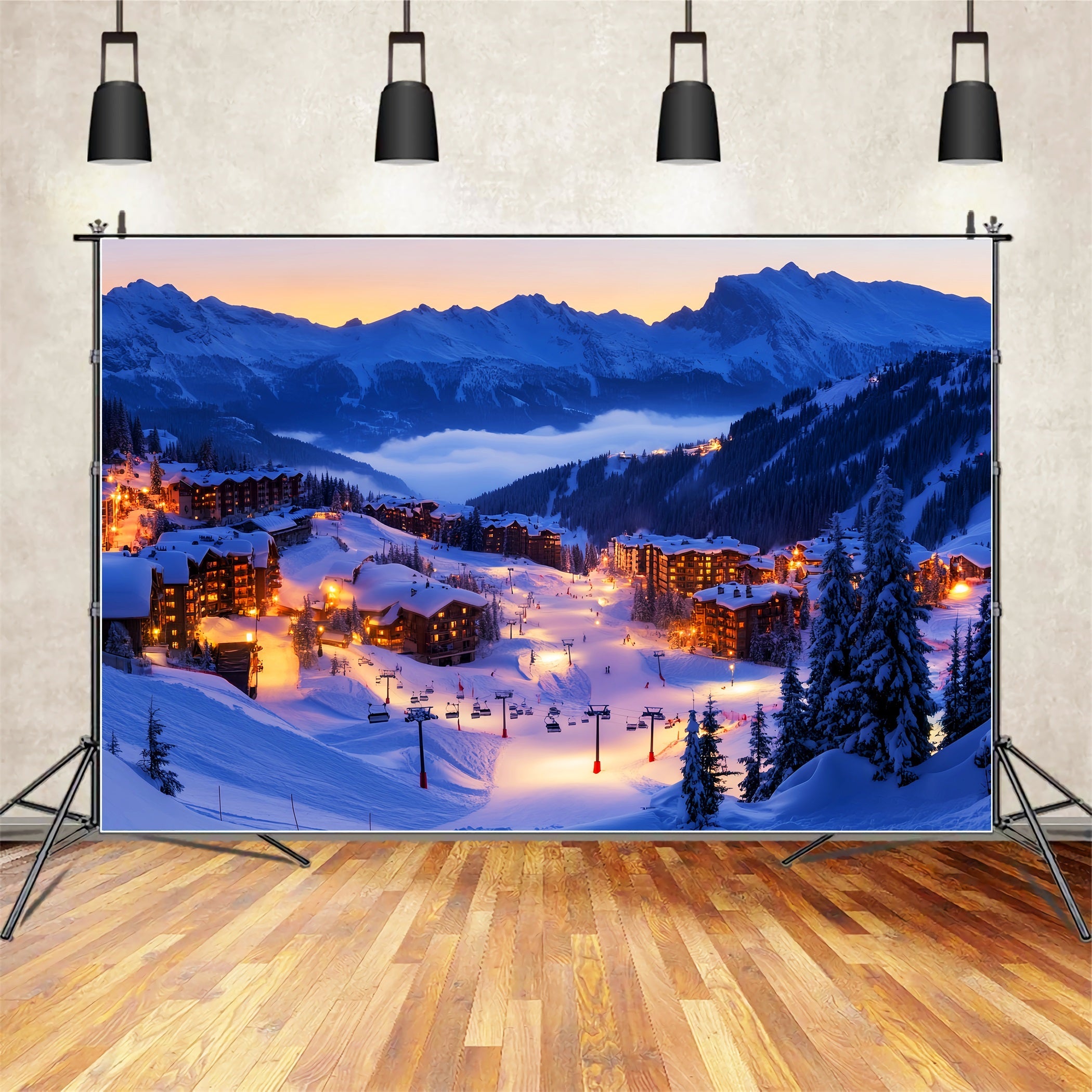 Village Backdrop Alpine Ski Village Lights Winter Backdrops UK LXX58-245