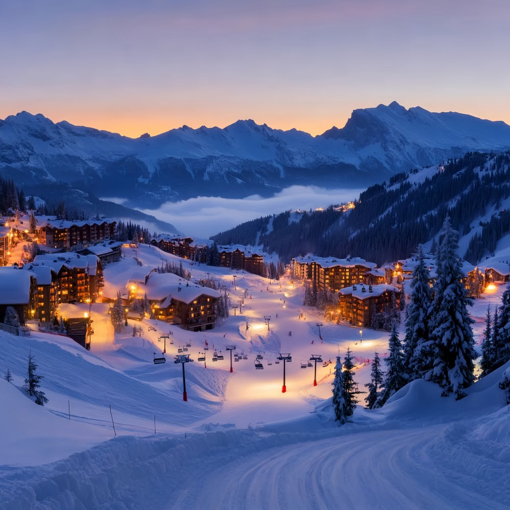 Village Backdrop Alpine Ski Village Lights Winter Backdrops UK LXX58-245