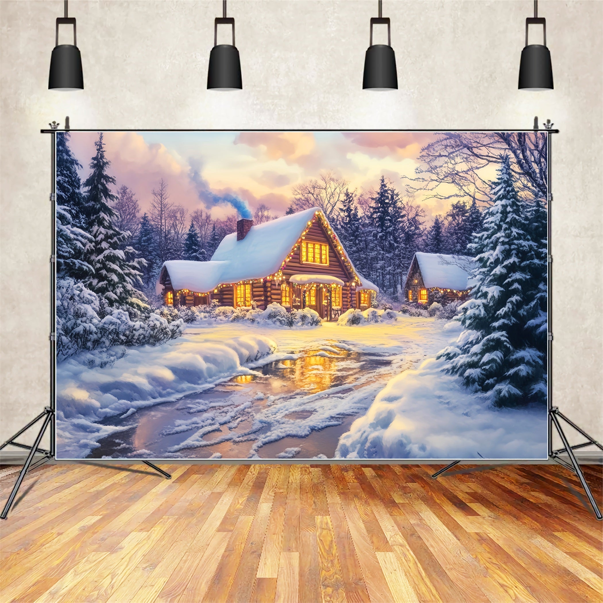 Village Backdrop Golden Glow Log Cabin Winter Photography Backdrops UK LXX58-246