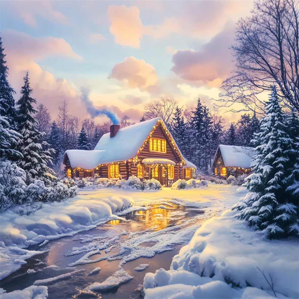 Village Backdrop Golden Glow Log Cabin Winter Photography Backdrops UK LXX58-246