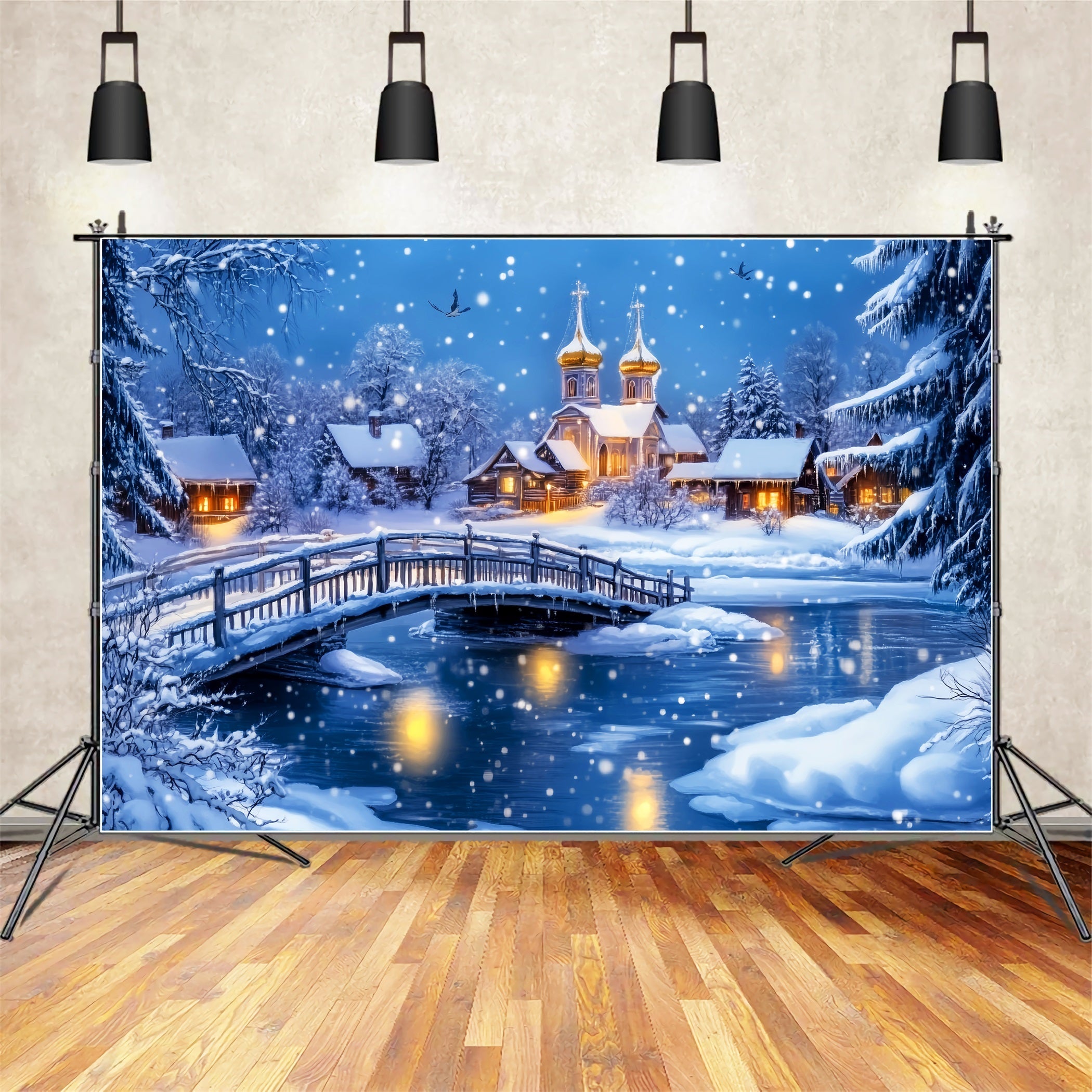 Village Backdrop Snowy Bridge Village Church Winter Wonderland Backdrops UK LXX58-247
