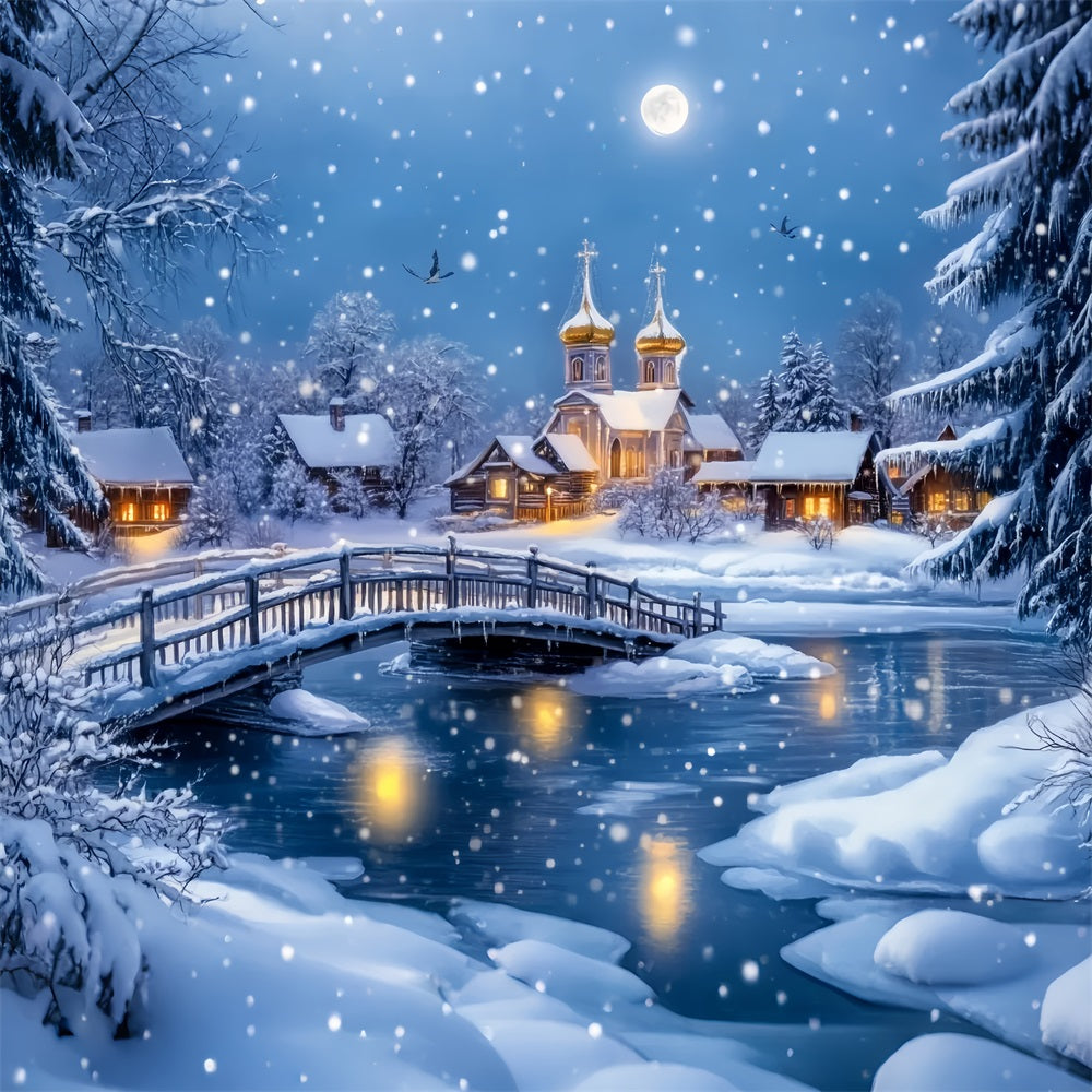 Village Backdrop Snowy Bridge Village Church Winter Wonderland Backdrops UK LXX58-247