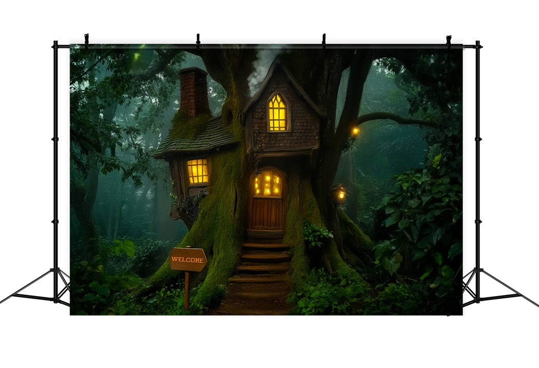 Dark Creepy Forest Whimsical Treehouse Lantern Glow Scary Forest Backdrop UK LXX58-283