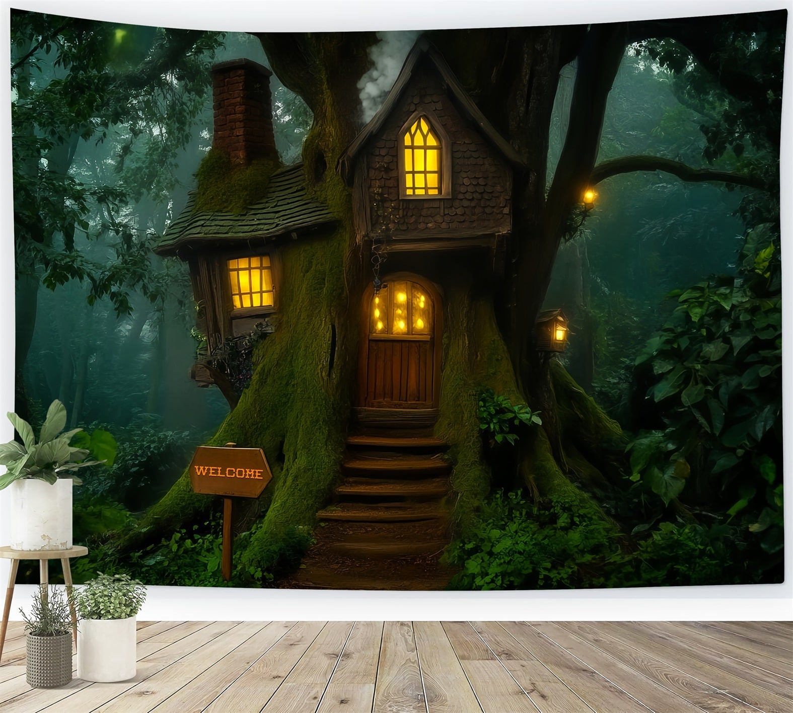 Dark Creepy Forest Whimsical Treehouse Lantern Glow Scary Forest Backdrop UK LXX58-283